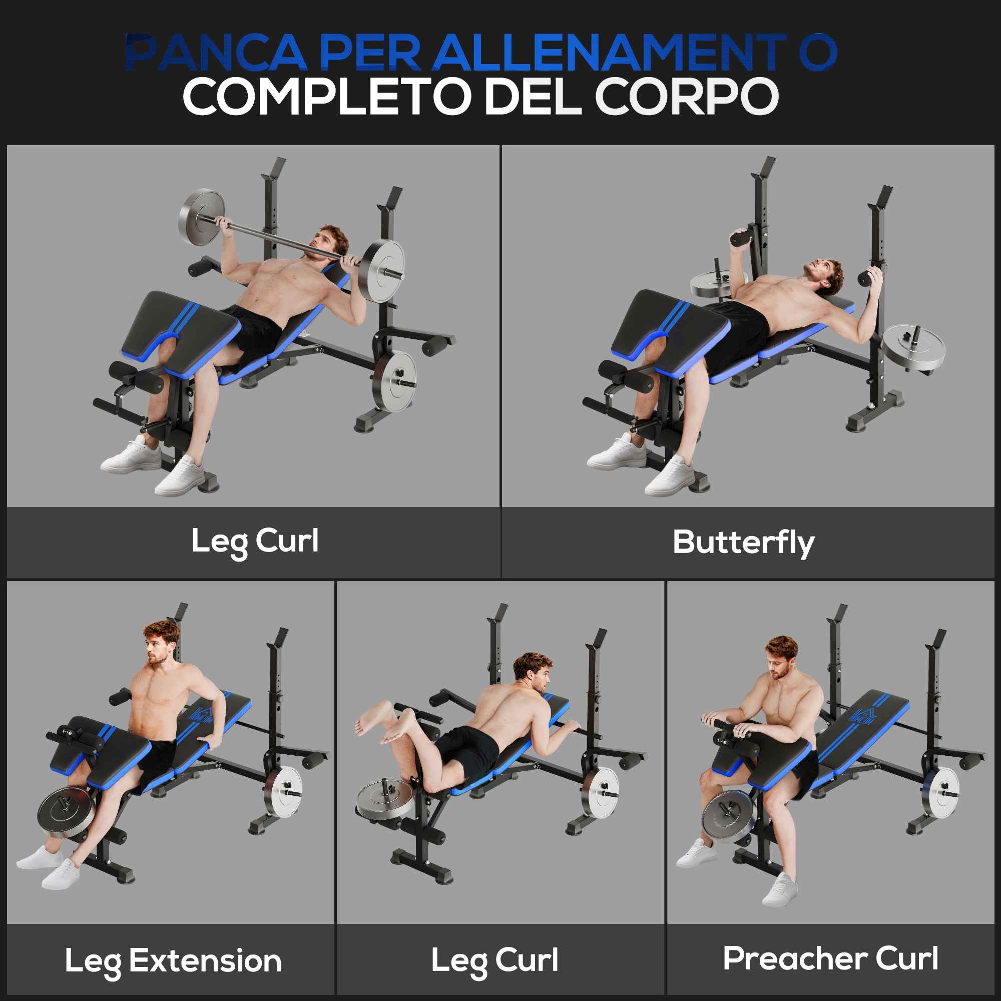 Multipurpose Bench with Barbell Support and Adjustable Backrest, Steel and Plastic, 175x139x127 cm, Black and Blue