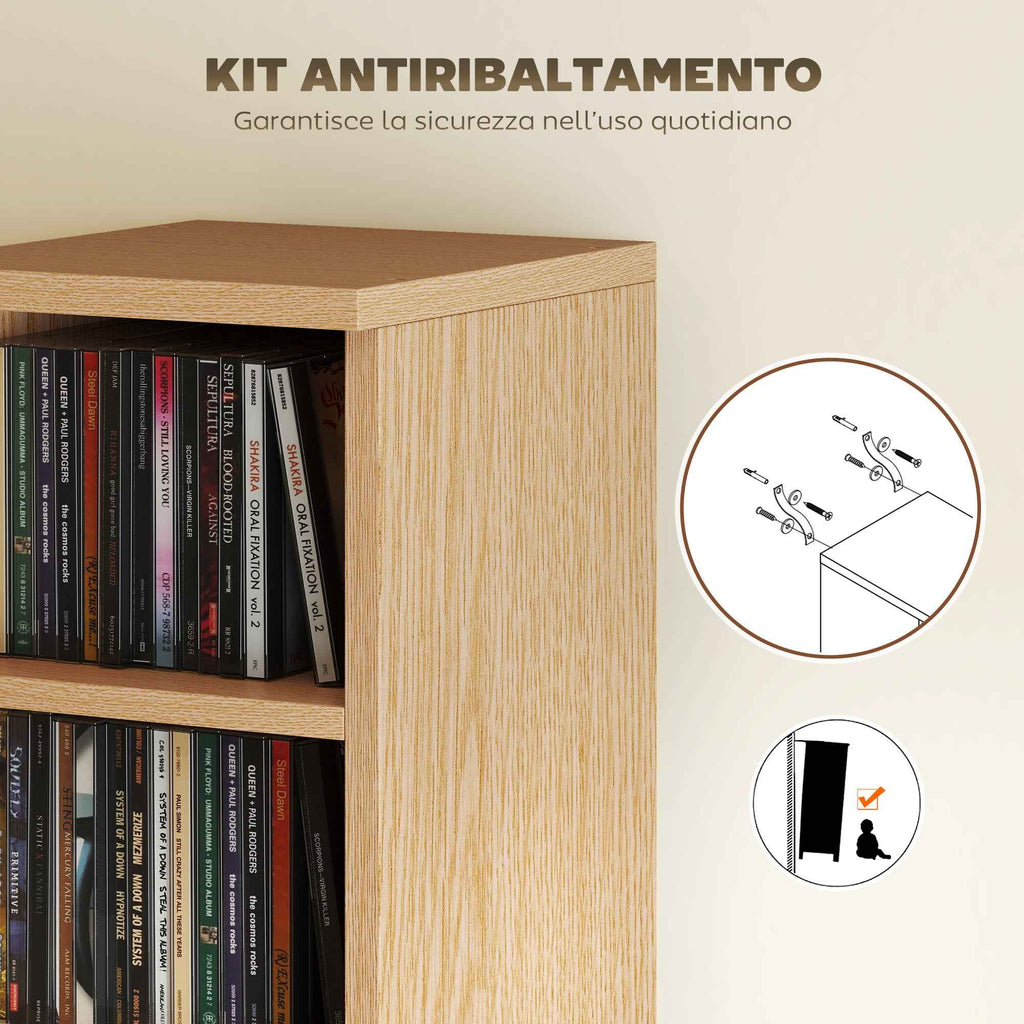 HOMCOM Set of 2 CD Racks with 6 Adjustable Shelves for 204 CDs, Wooden, 21x22.5x88.5 cm, Wood Color