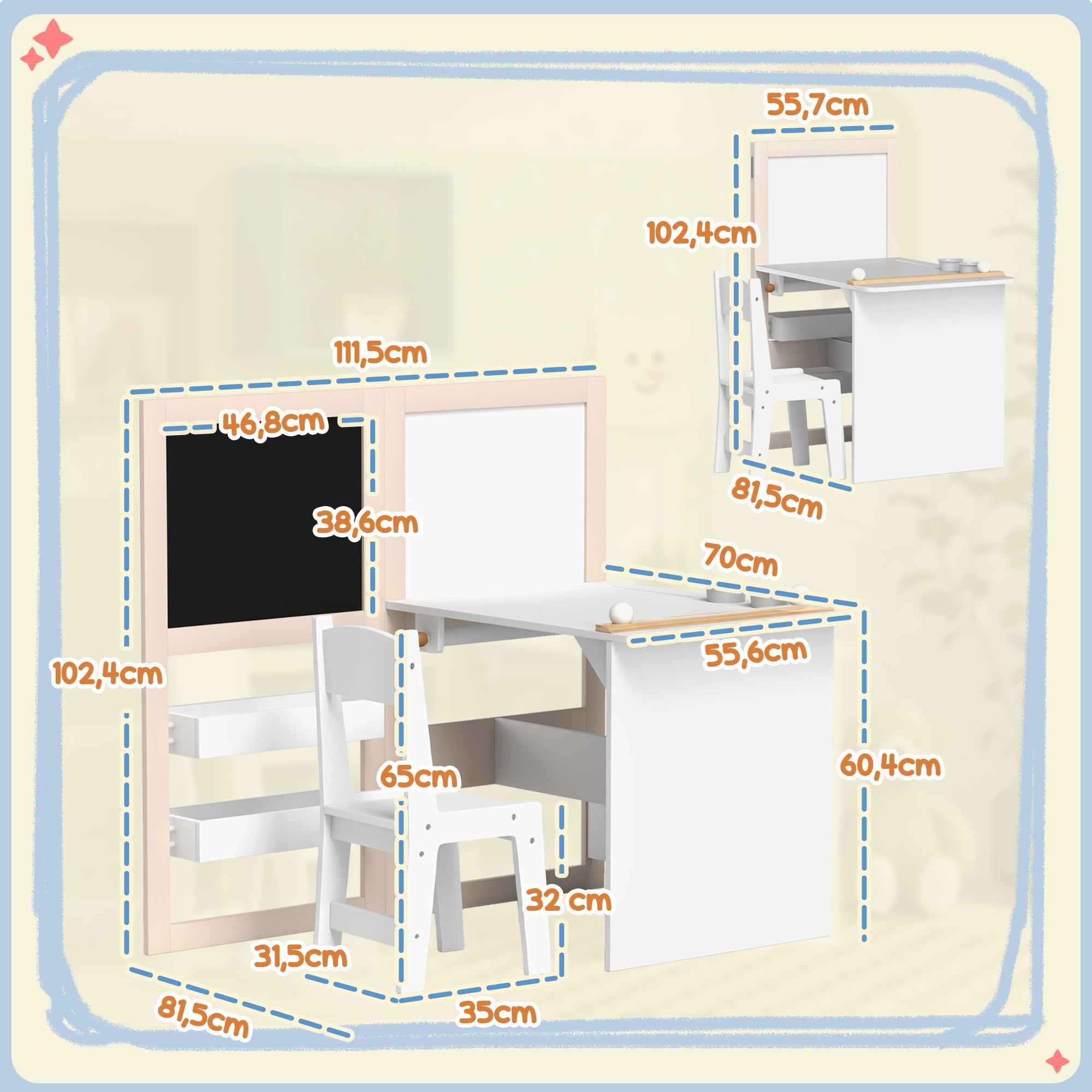 AIYAPLAY Kids Table and Chair Set for 3-8 Years Old with Blackboard, Whiteboard, Storage Containers and Paper Roll, White