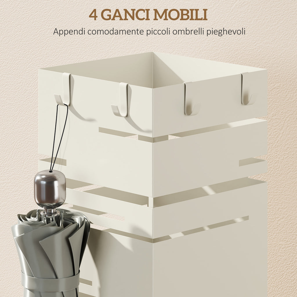 HOMCOM Freestanding Square Metal Umbrella Stand with 4 Hooks, Beige