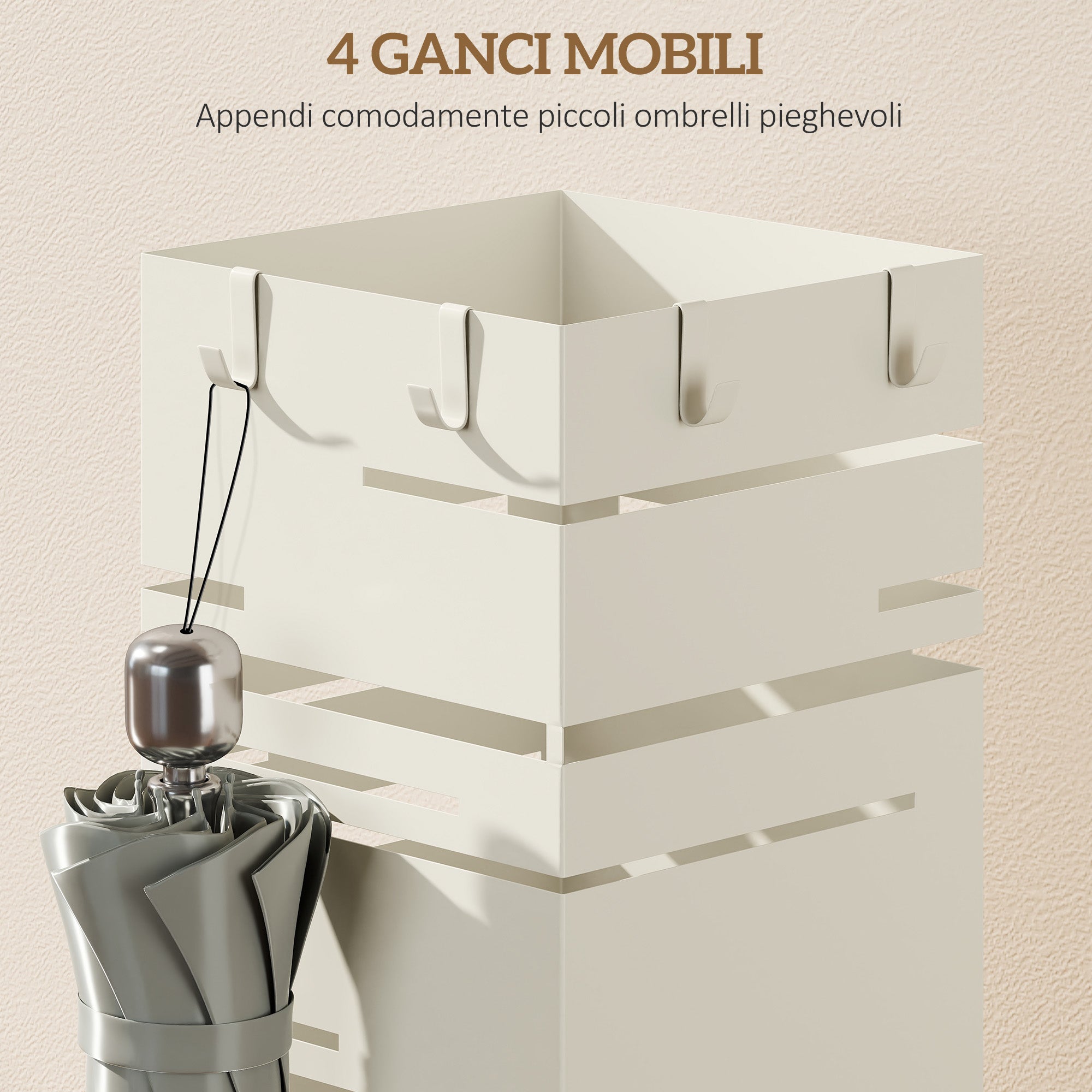 HOMCOM Freestanding Square Metal Umbrella Stand with 4 Hooks, Beige