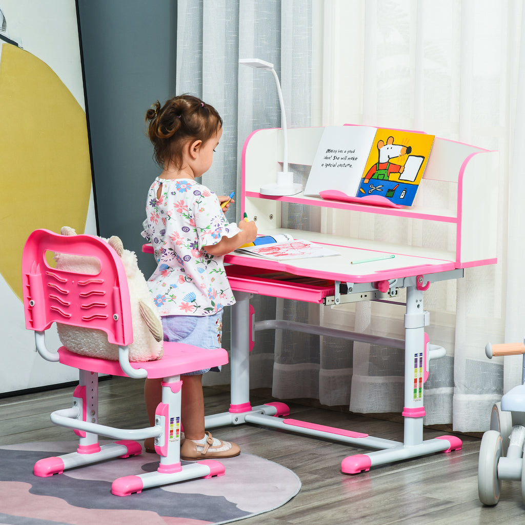 Children's Desk 6-12 Years Adjustable with LED Light, Bookstand and Pen Holder, in MDF, PP and Steel, Pink