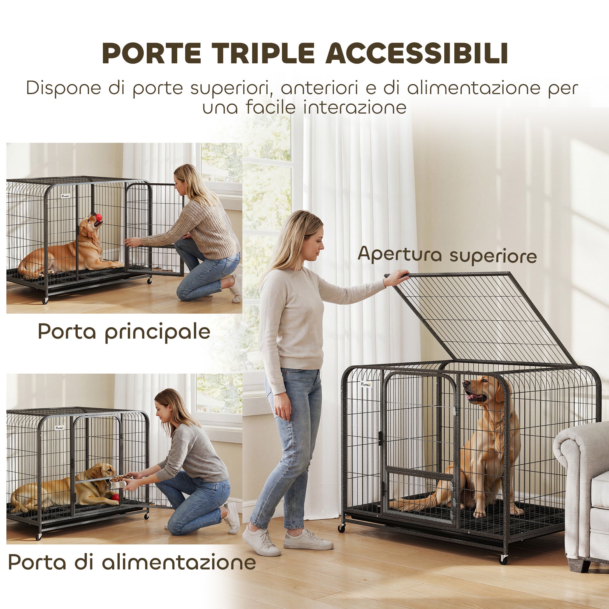 PawHut Steel Dog Cage with Wheels, 3 Doors, Removable Tray and Secure Lock, Black