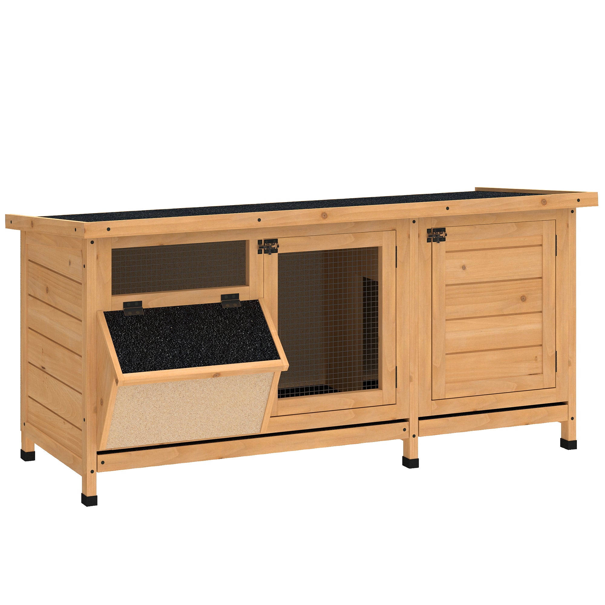 PawHut Outdoor Wooden Rabbit Hutch with Asphalt Roof, House, Trays and Feeder, 112x50x54 cm, Yellow