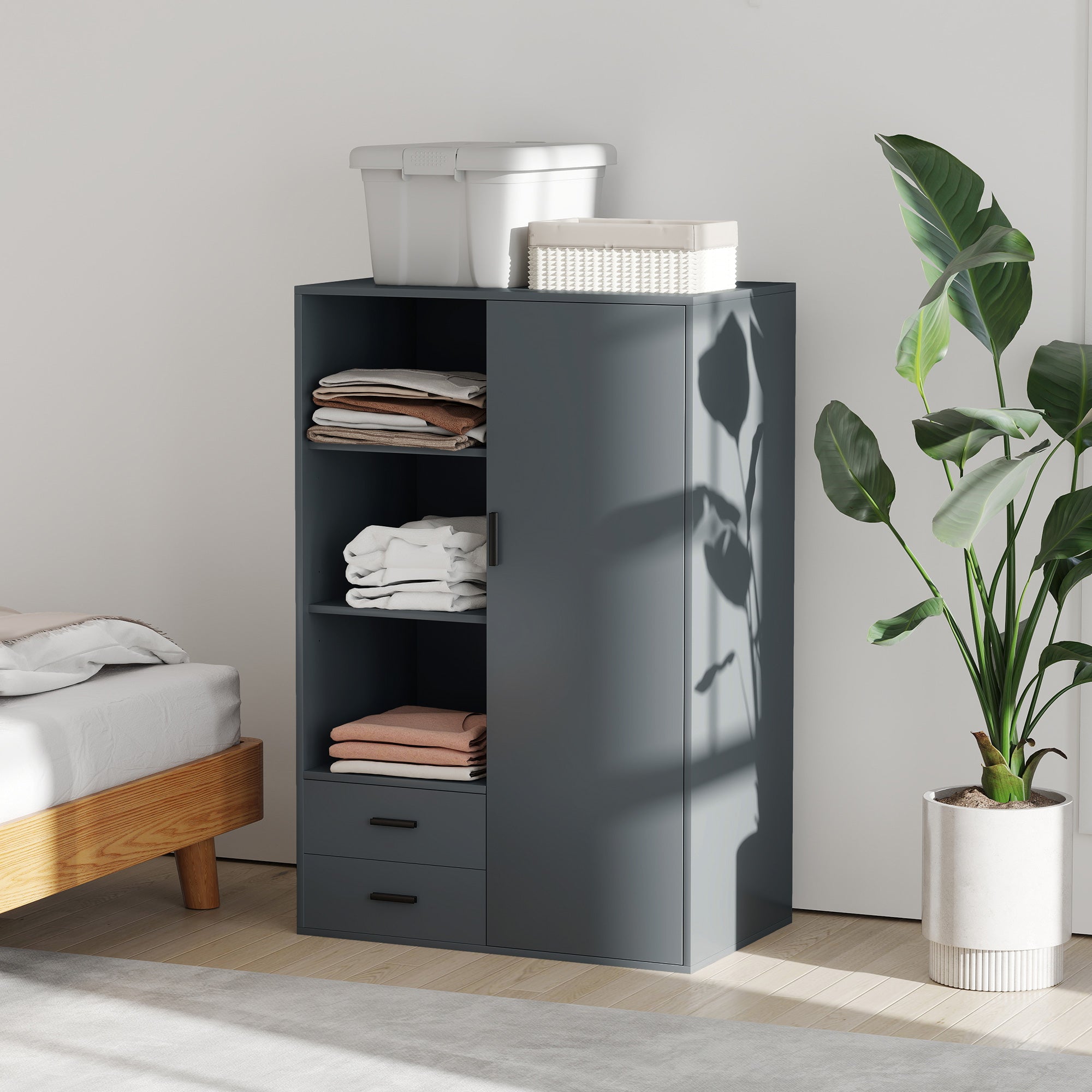 Modern Wardrobe with 2 Drawers, Open Shelves and Hanging Space, 80x50x124 cm, Dark Grey