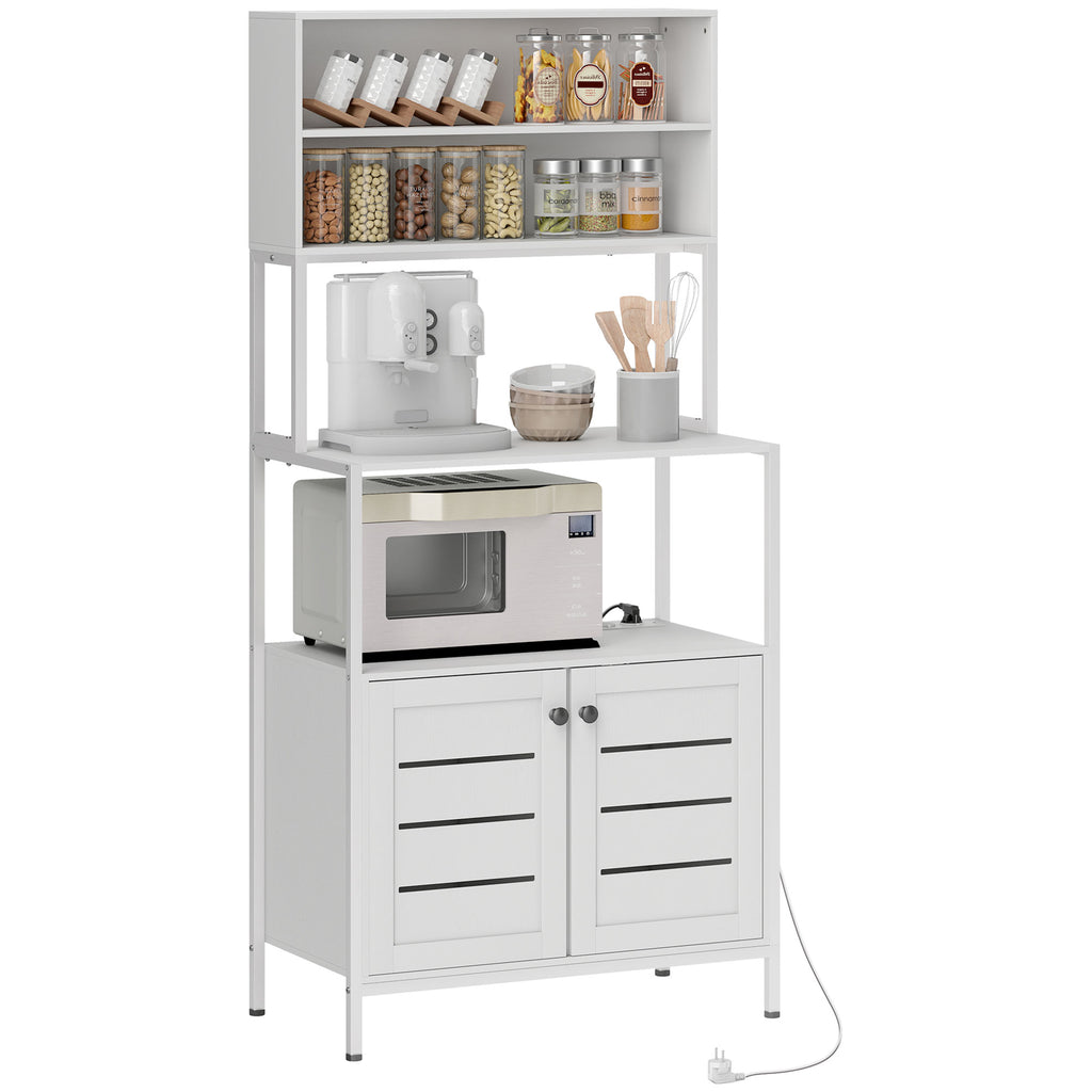 Mobile Pantry with Shelves, Cabinets and 2 Charging Sockets, in Wood and Steel, 80x42x171 cm, White