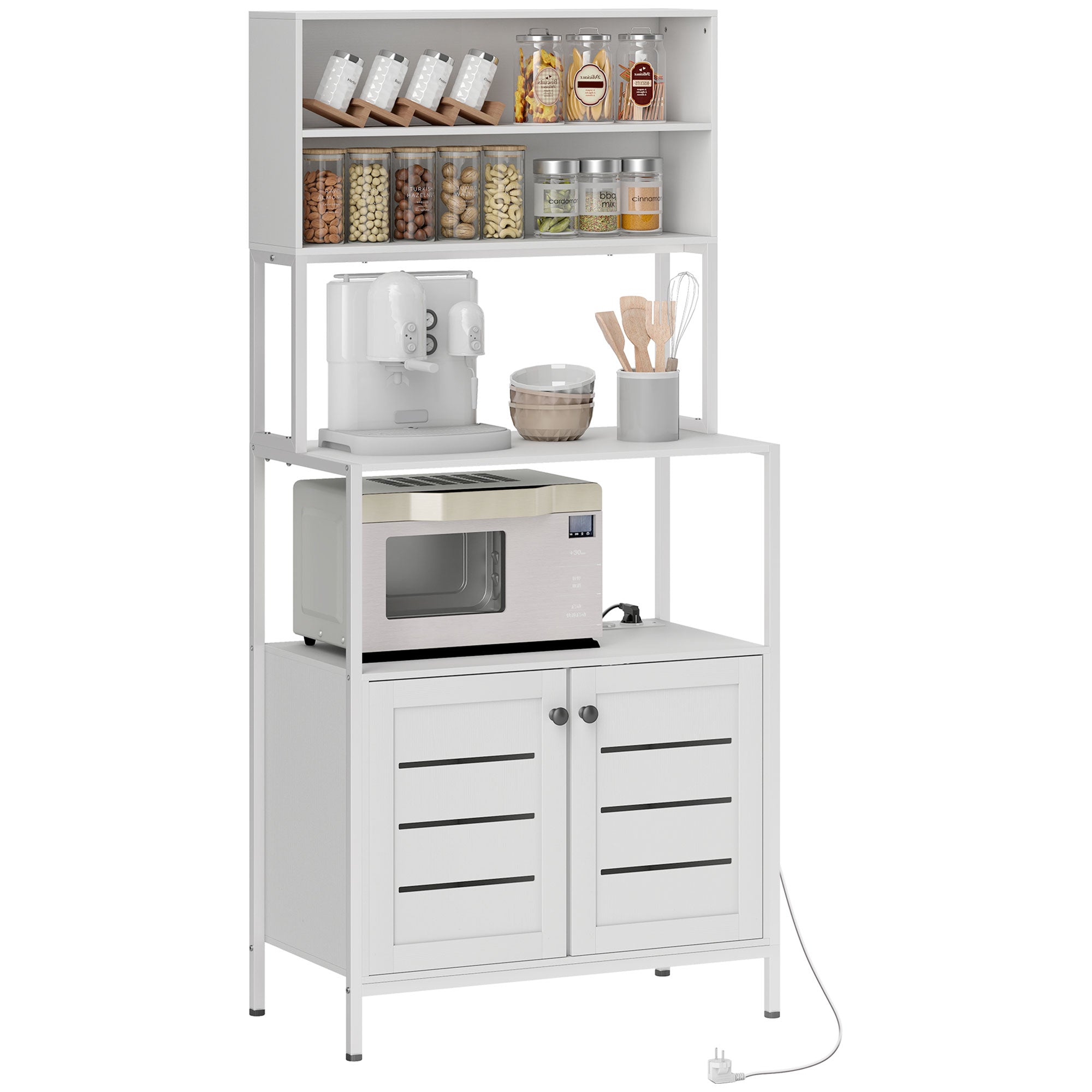 Mobile Pantry with Shelves, Cabinets and 2 Charging Sockets, in Wood and Steel, 80x42x171 cm, White