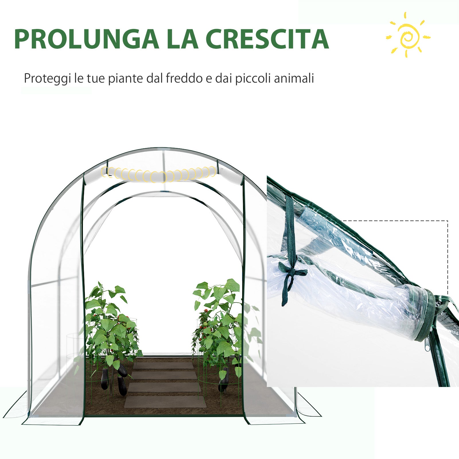 Outsunny Garden Tunnel Greenhouse, Balcony Greenhouse for Plants and Vegetables with PVC Cover, Roller Door and Steel Frame, 2x2.5x2m