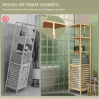 HOMCOM Bathroom Column with 3 Bamboo Wood Shelves and Fabric Laundry Basket, 44x33x160cm - Borgè