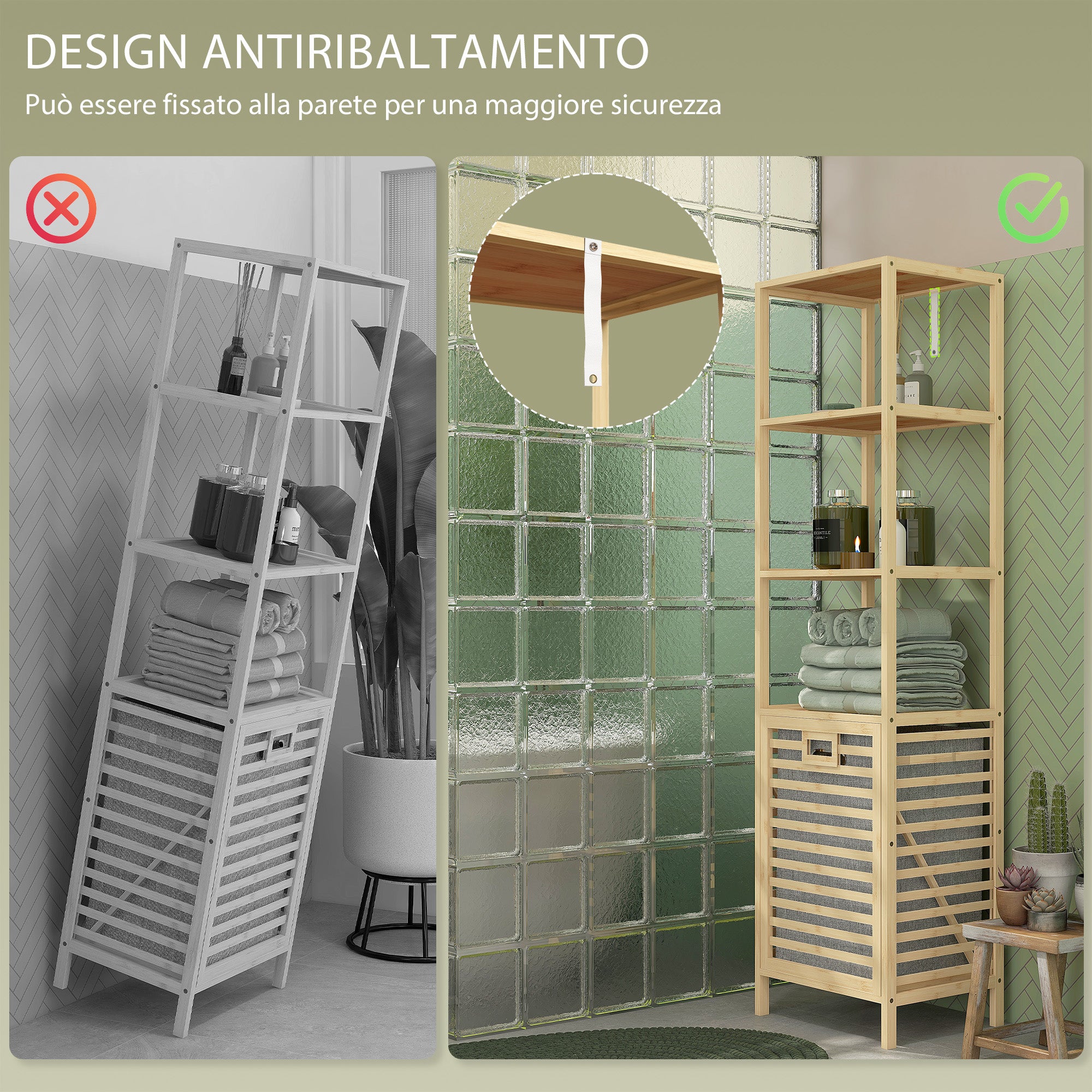 HOMCOM Bathroom Column with 3 Bamboo Wood Shelves and Fabric Laundry Basket, 44x33x160cm - Borgè