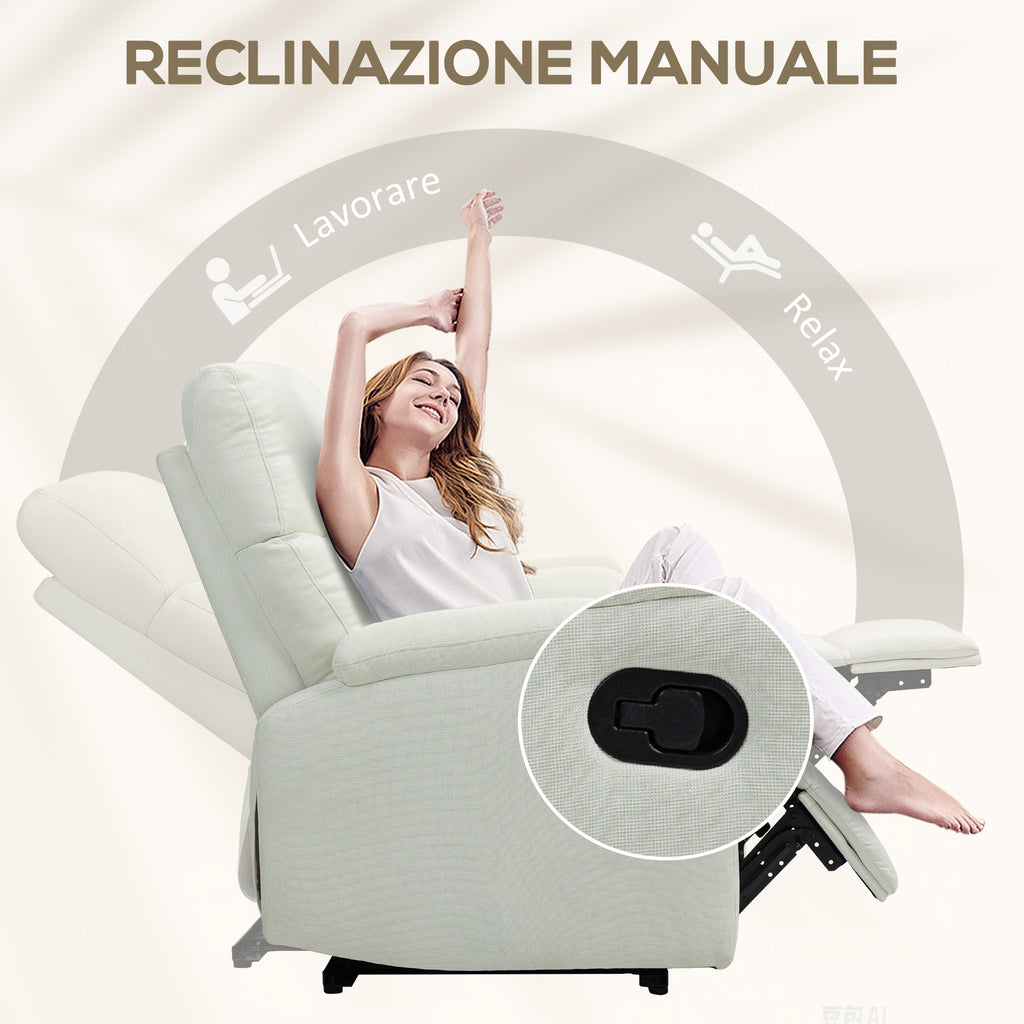 Manually Reclining Armchair at 60° Extra Padded in Fabric with Footrest, Cream