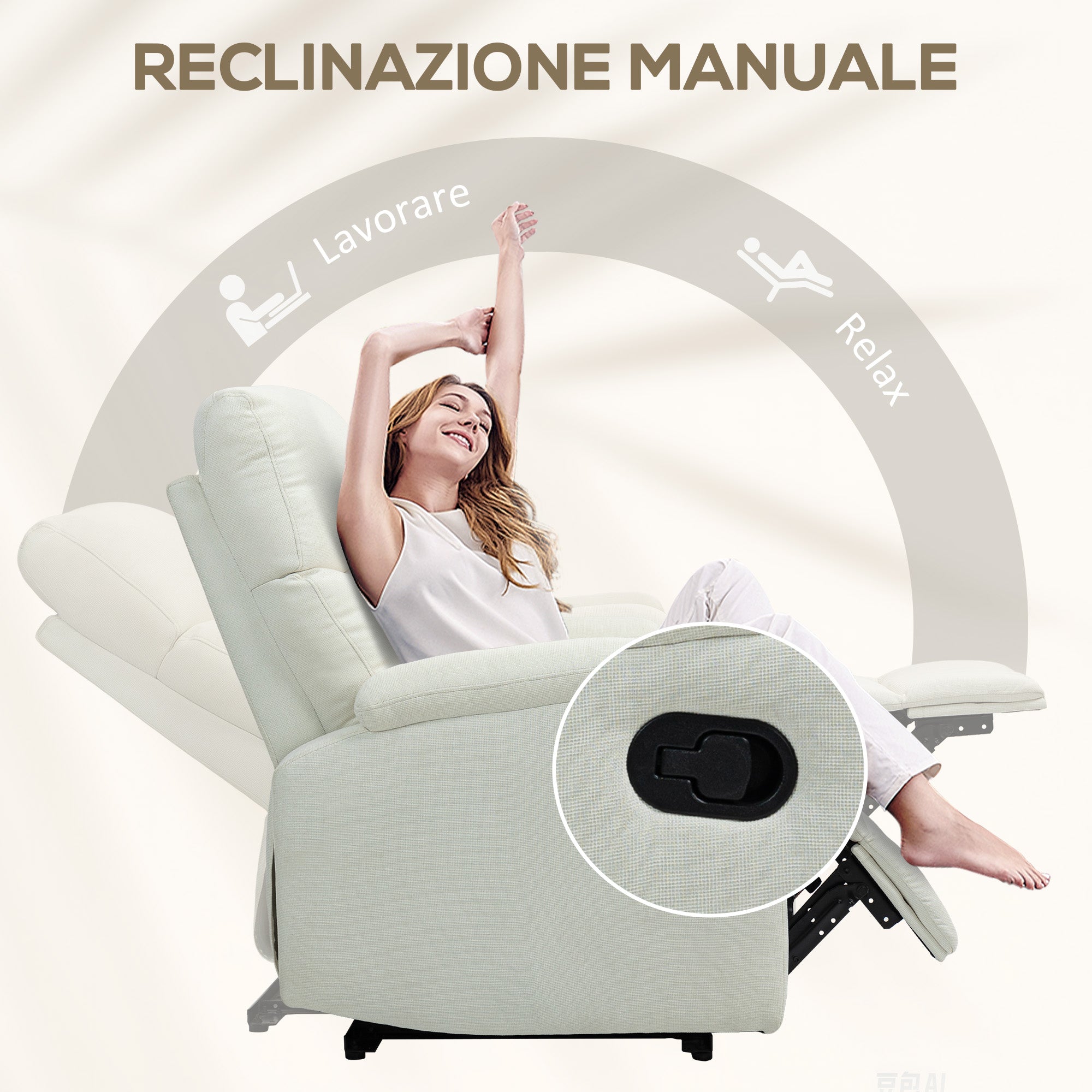 Manually Reclining Armchair at 60° Extra Padded in Fabric with Footrest, Cream