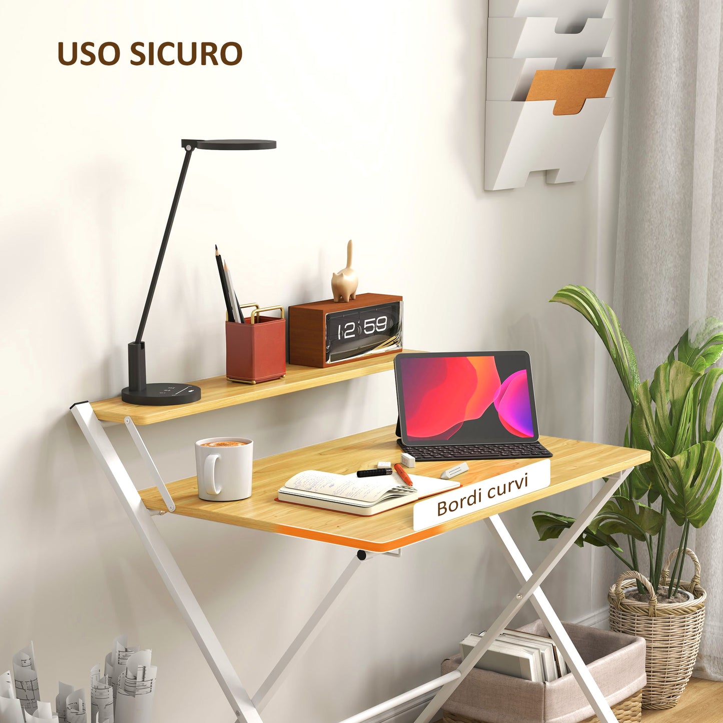 Folding Desk with Raised Shelf and X-Legs, in Wood and Steel, 86x66x82 cm, White and Wood Colour