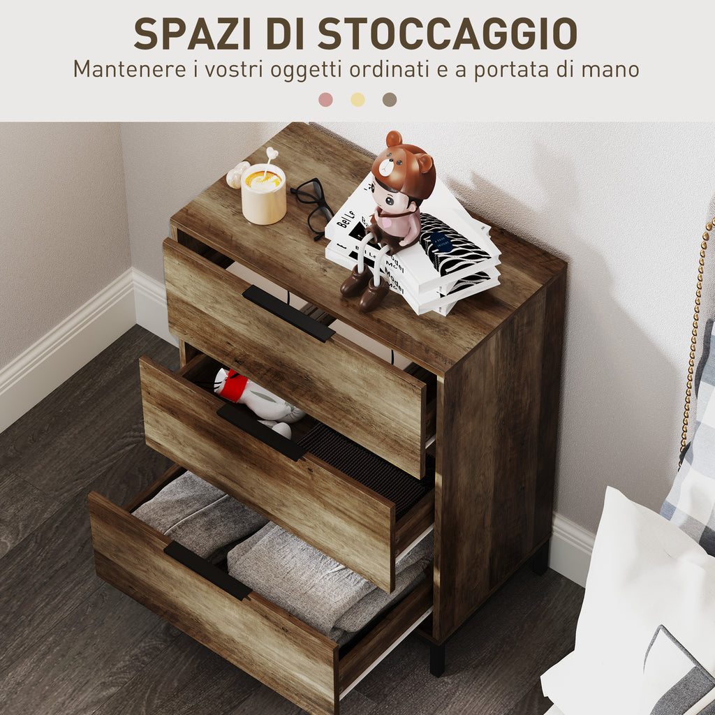 3-Drawer Chest of Drawers Anti-Tip with Black Handles, in Wood and Metal, 62x35x82 cm, Dark Brown