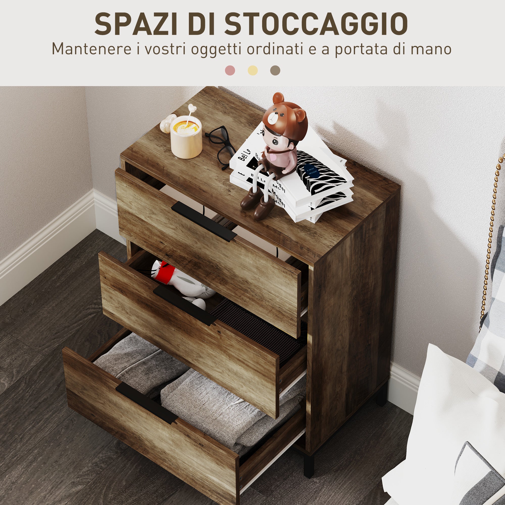 3-Drawer Chest of Drawers Anti-Tip with Black Handles, in Wood and Metal, 62x35x82 cm, Dark Brown