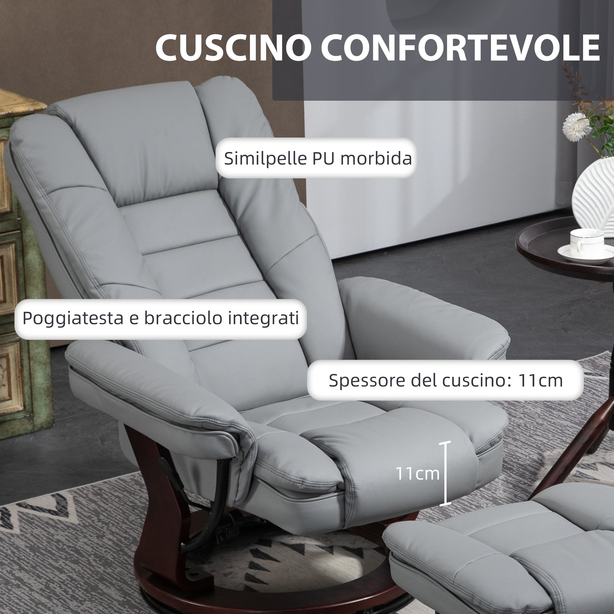 Reclining Footstool Chair with Headrest and Armrests, PU Leather and Steel, 85x82x106 cm, Grey