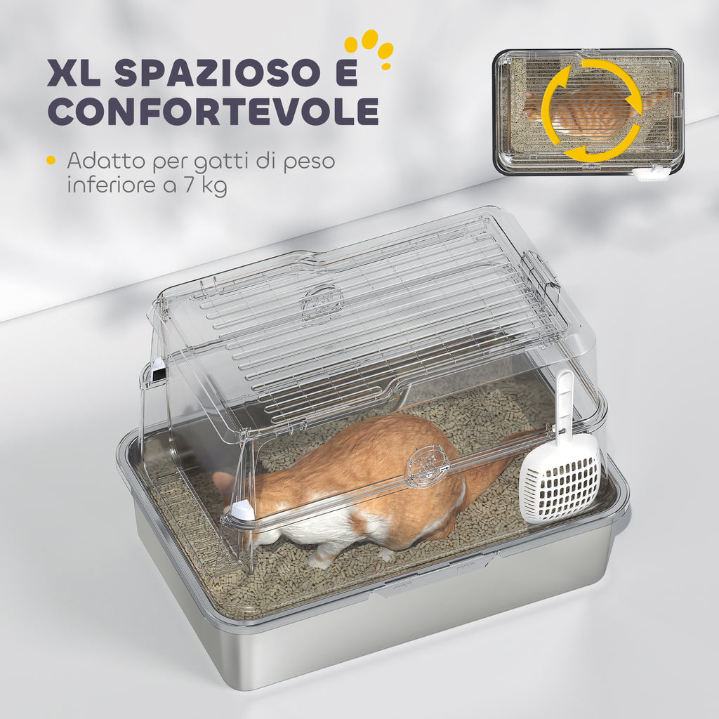 PawHut Stainless Steel Litter Box for Large Cats with Flip Lid, Scoop and Deodorizer, Light Grey