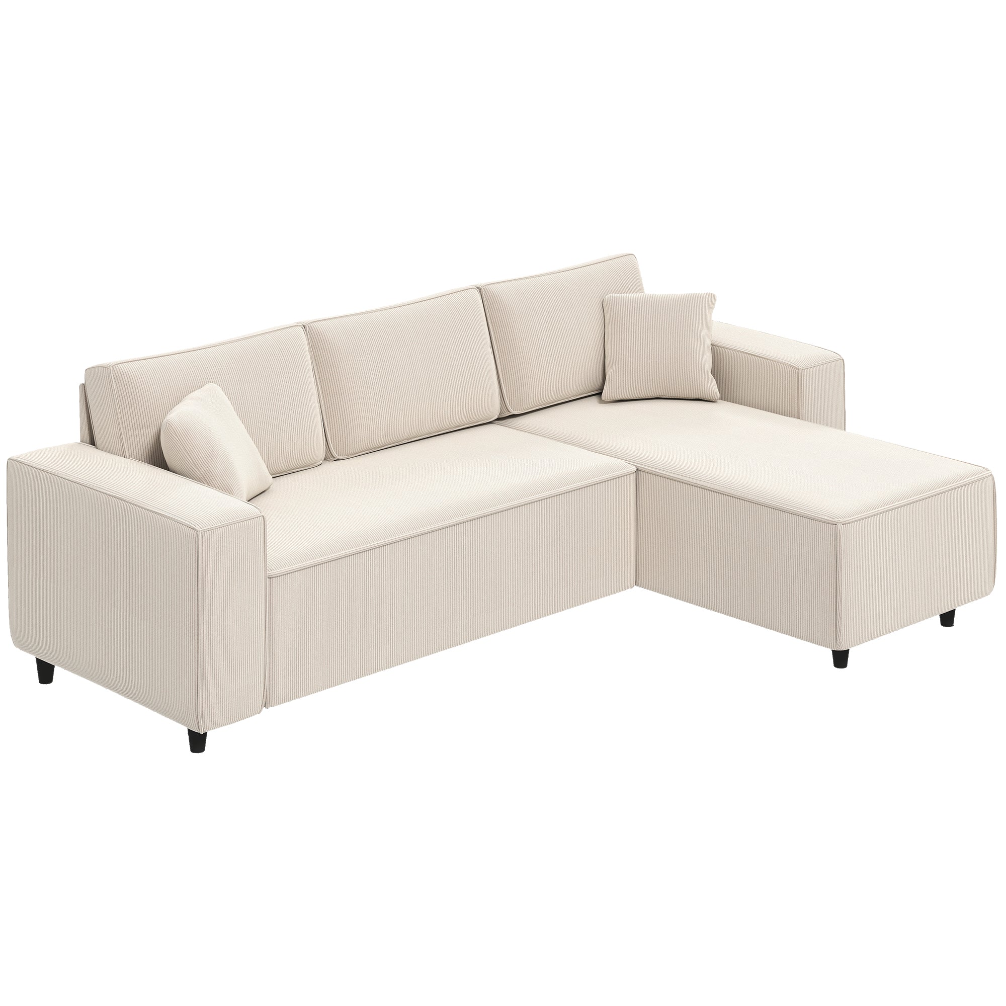 3 Seater Sofa with Peninsula in Velvet Effect Fabric, Foam and Nylon, 241x153x83 cm, Cream White