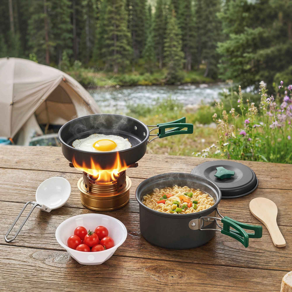 Outsunny Camping Cookware Set, 8-Piece Ultralight Kit with Anti-Scald Handles, Grey