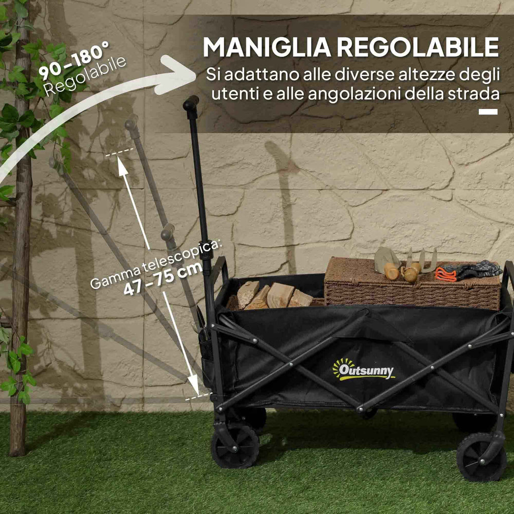 Outsunny 62L Folding Garden Cart with Adjustable Handle, Metal and Oxford Fabric, 76x48x86 cm, Black