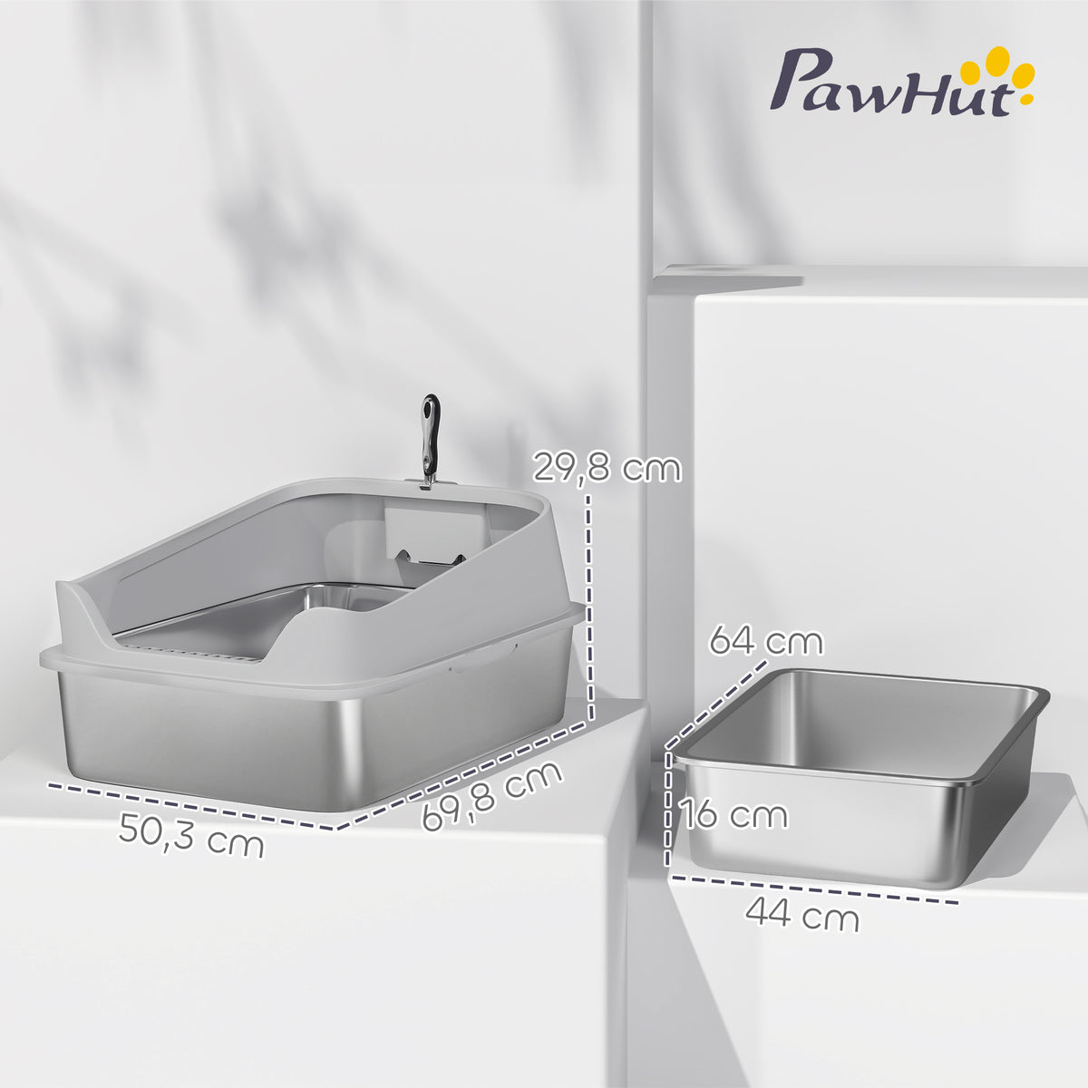 PawHut XXL Stainless Steel Cat Litter Box with Scoop, High Sides, Anti-Leak, Anti-Odor, Up to 12 kg, Grey