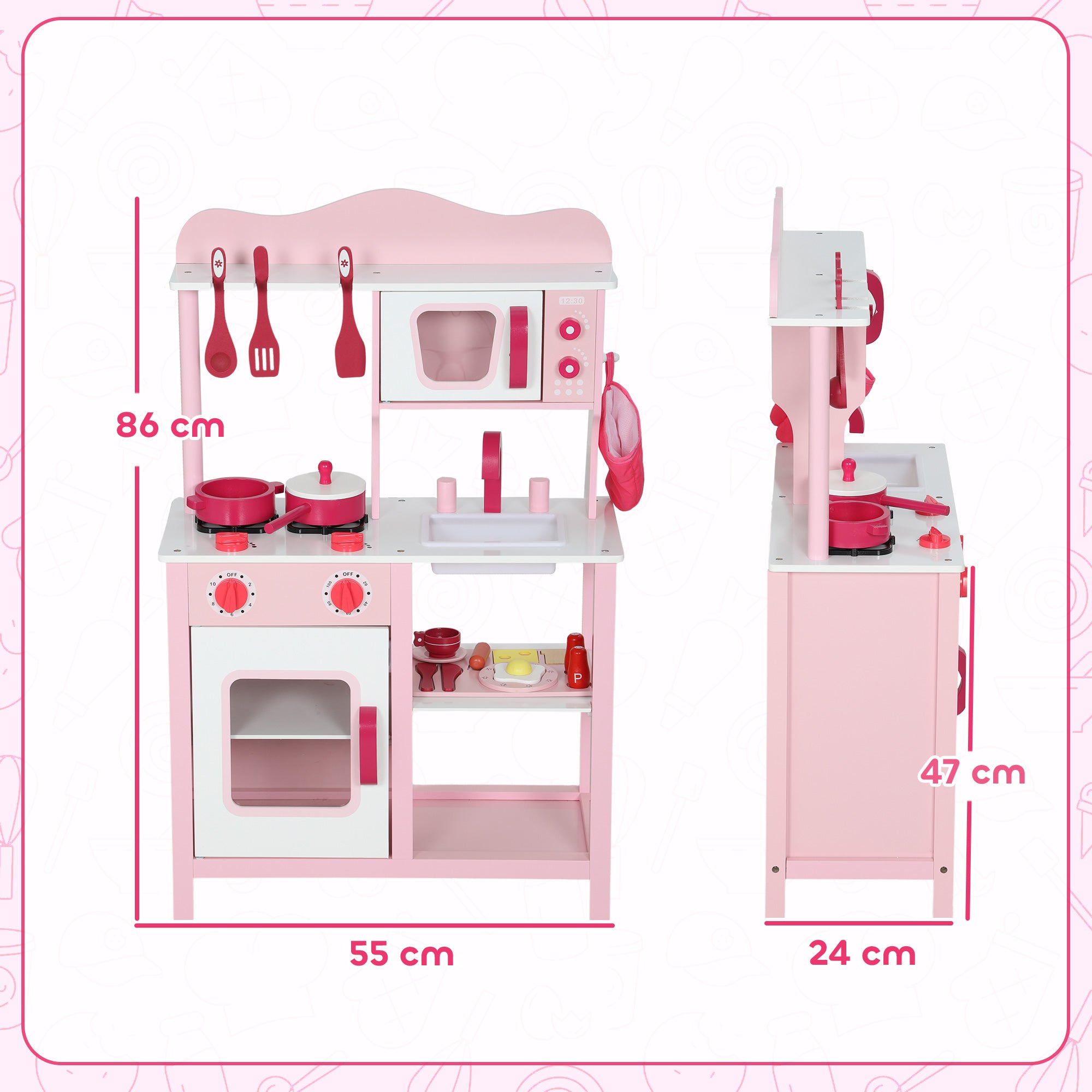 Toy Kitchen for Children 3+ Years with Microwave, Hob and Sink, Made of Wood, 55x24x86 cm, Pink