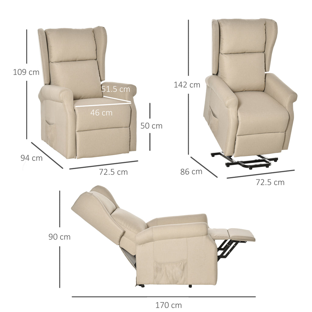 Electric Lift Recliner Chair, 135° Reclining, Load Capacity 200KG, Electric Relax Chair in Linen Effect Fabric with Remote Control, Footrest and 1 Side Pocket for Living Room, Cream White