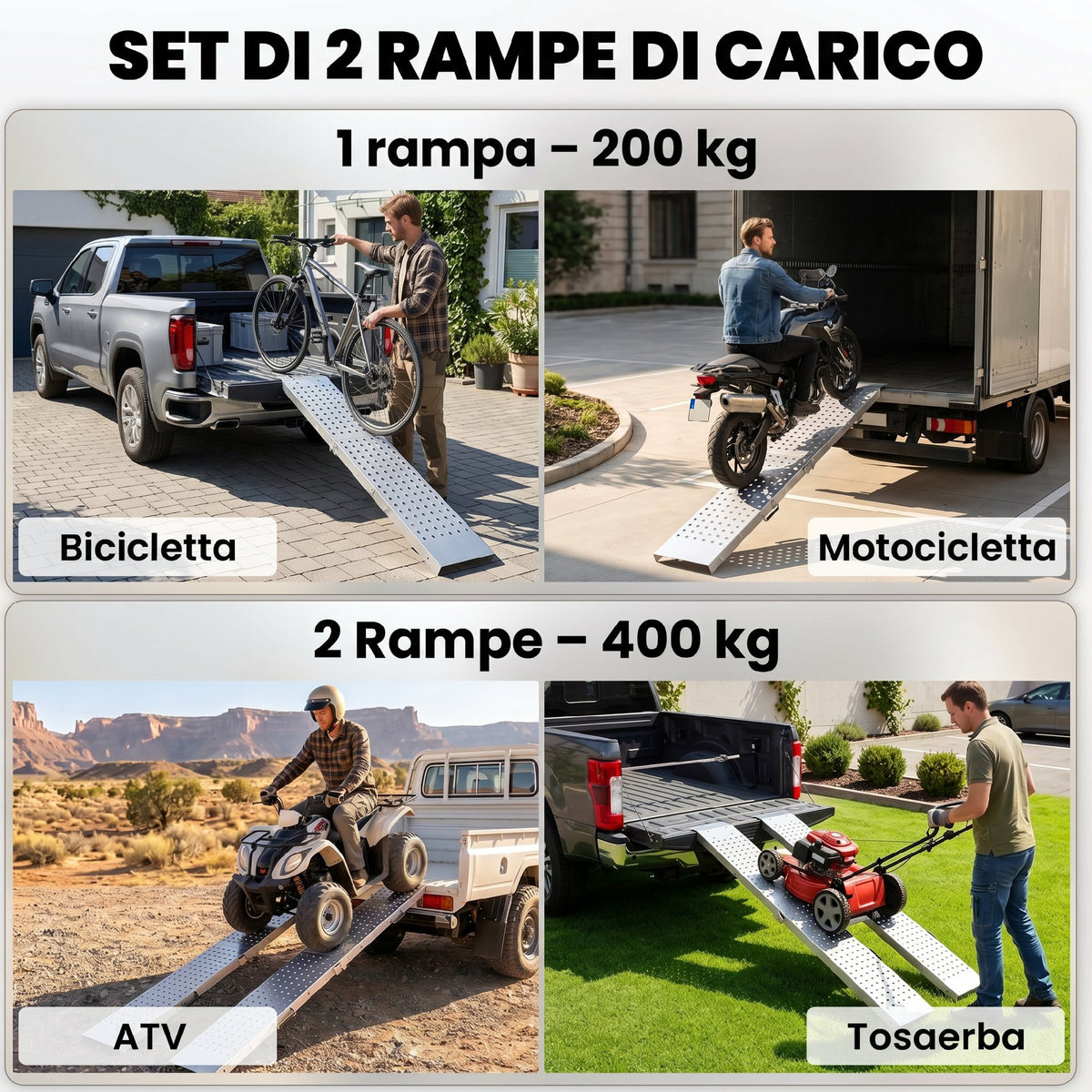 HOMCOM Set of 2 Folding Loading Ramps, 400 kg, for Motorcycles/ATVs/Trailers/Pick-ups, 180 x 25.5 cm, Silver
