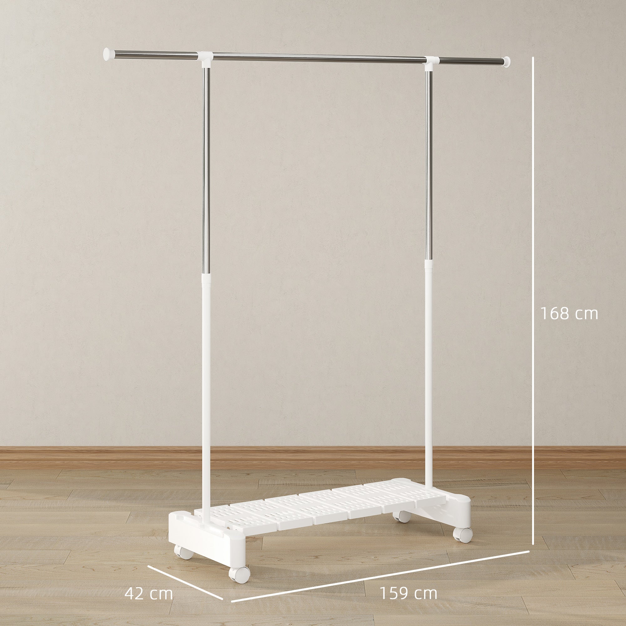Extendable Clothes Airer with Wheels and Brake, Shoe Rack and Stainless Steel Frame, White
