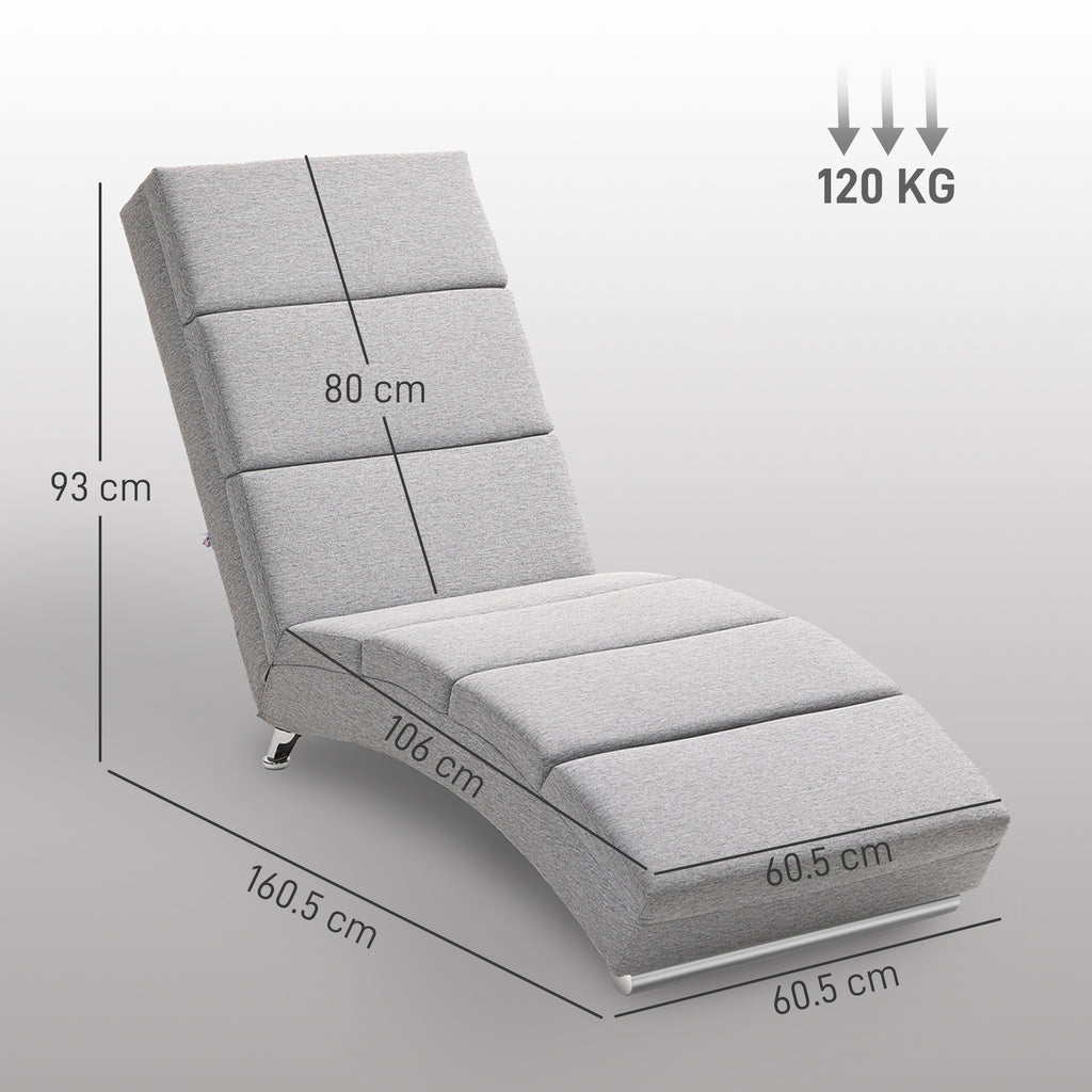 High Back Reclining Chaise Longue with Thick Padding and Metal Legs, Light Grey