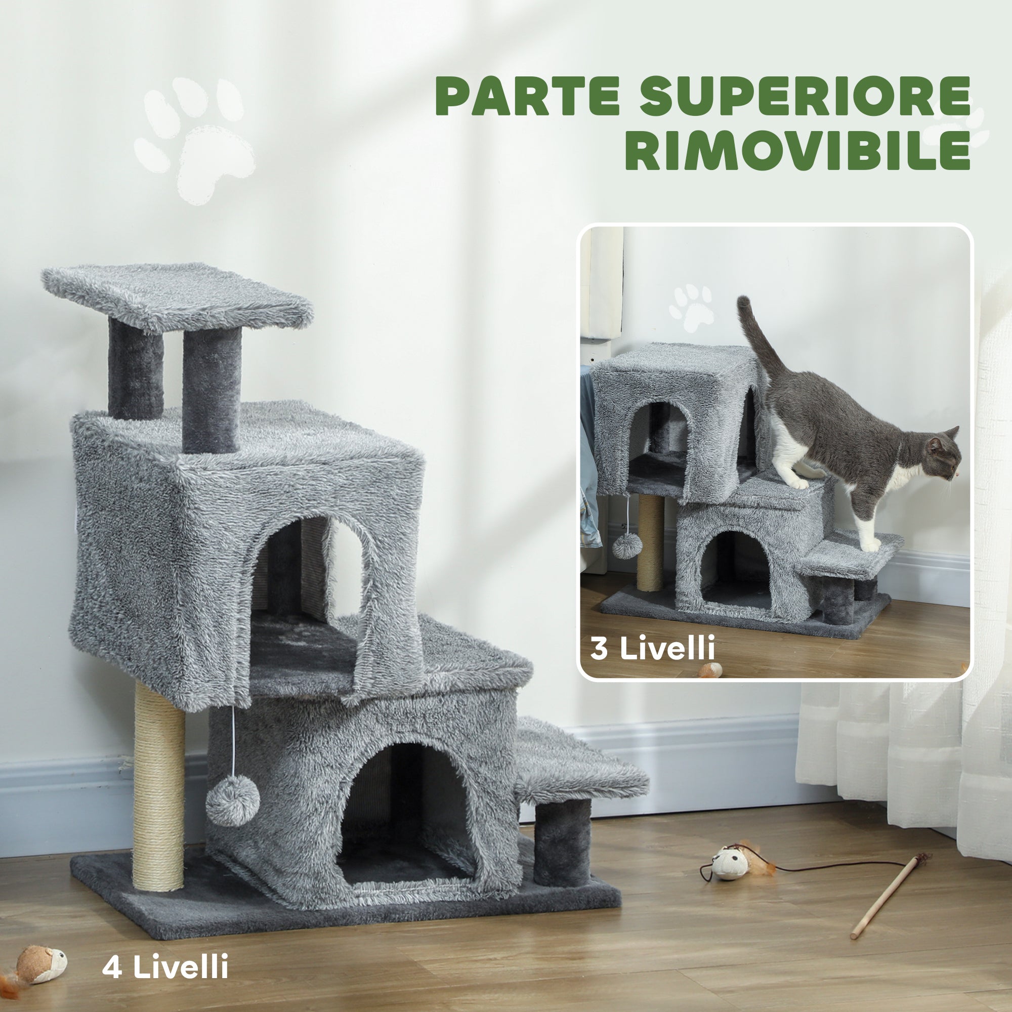 4-Step Height-Adjustable Cat Ladder with 2 Cat Houses, Scratching Post and Ball, Grey