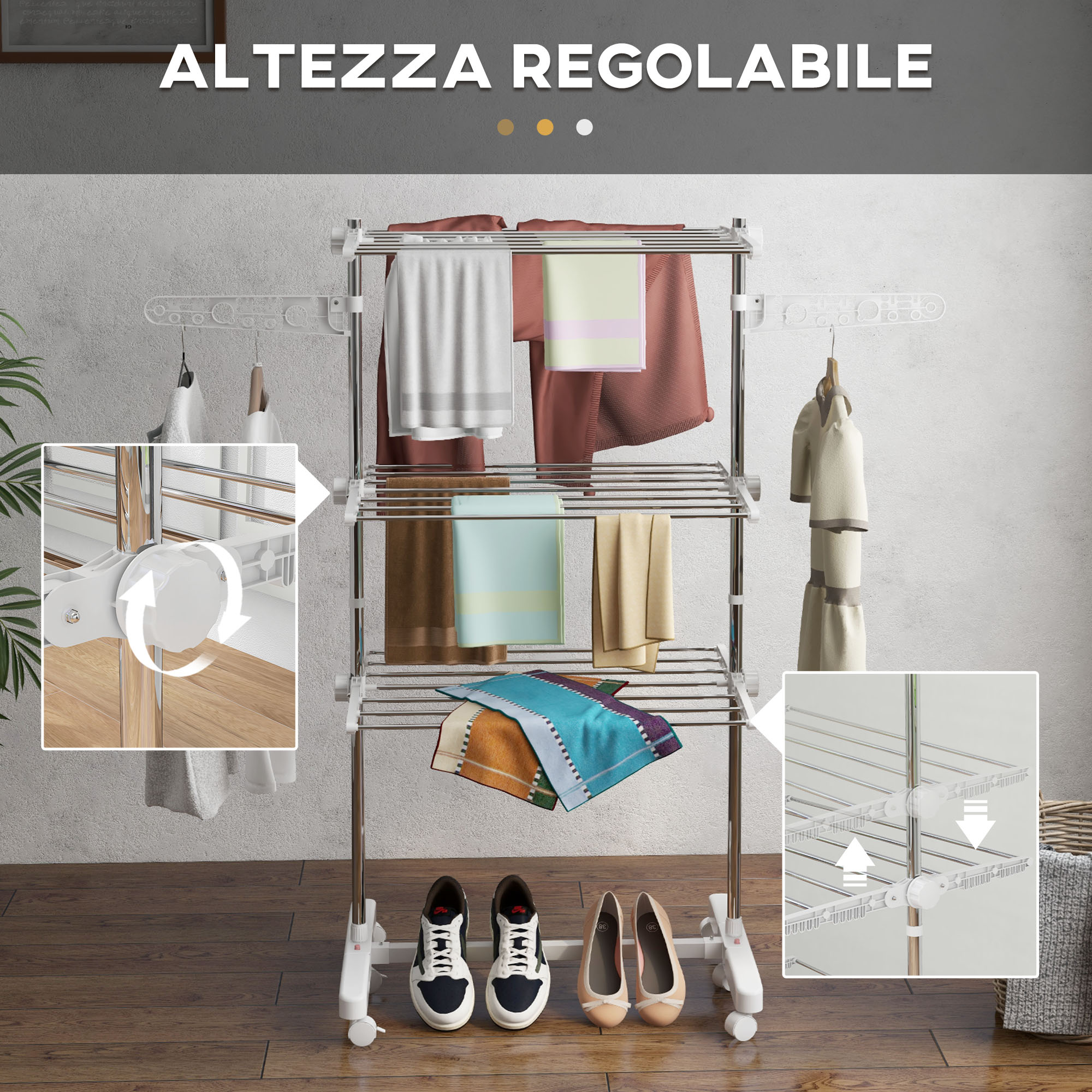 Folding Vertical Clothes Drying Rack in Steel and Plastic with 6 Wheels and 3 Adjustable Shelves, 142x55x172 cm