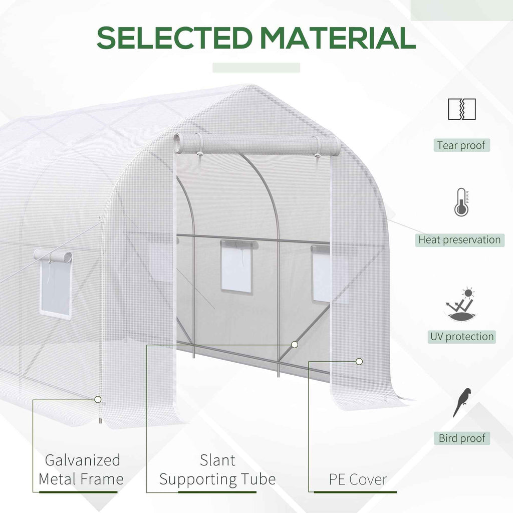 Outsunny UV-Proof Tunnel Greenhouse with 6 Mesh Windows and Roll-Up Entrance, Metal and PE, 4x2x2 m, White