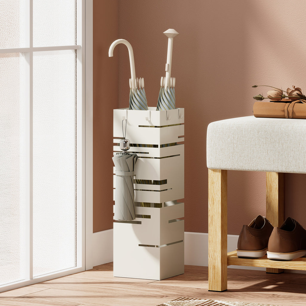 HOMCOM Freestanding Square Metal Umbrella Stand with 4 Hooks, Beige