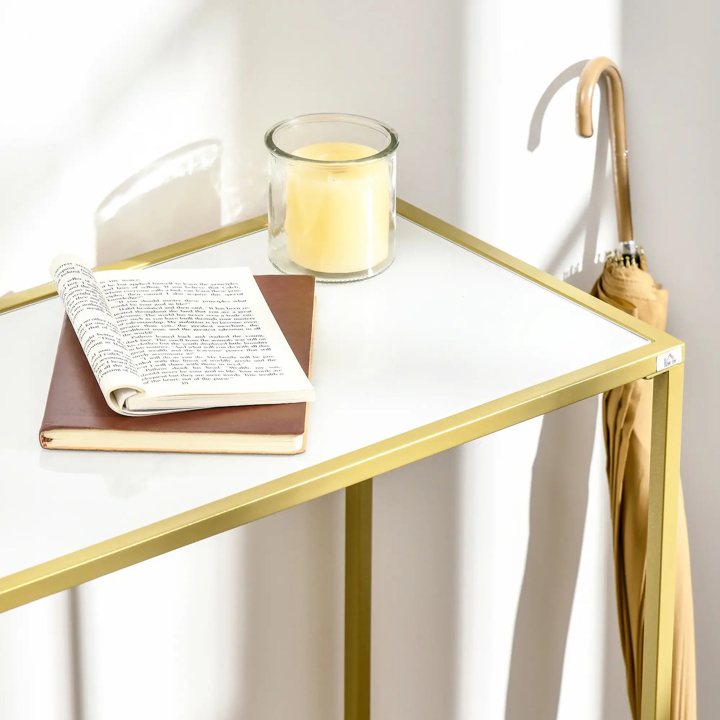 Console Table for Entrance in Steel and Tempered Glass, 100x35.5x80cm, White and Gold