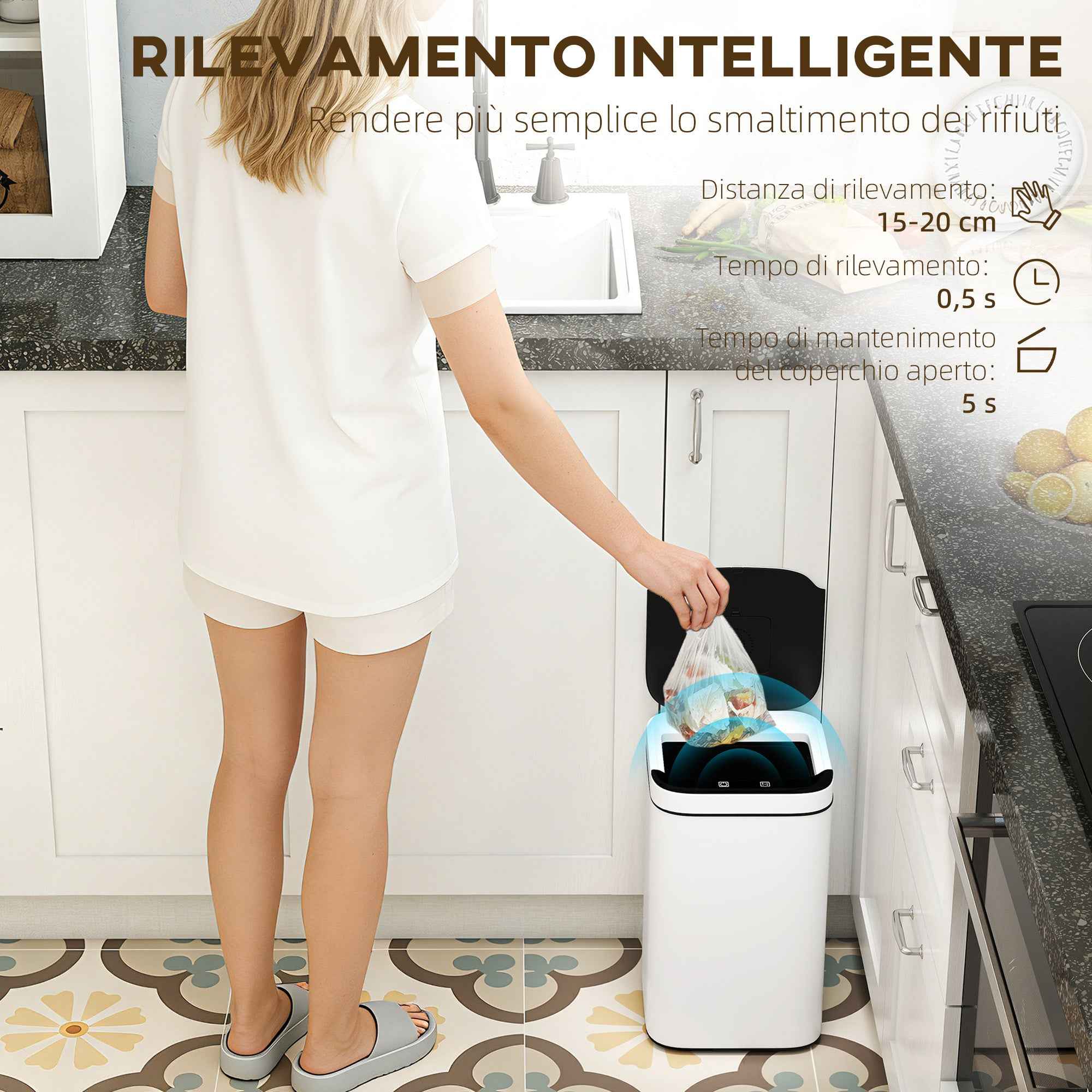 HOMCOM 13L Sensor Garbage Can with Space for Deodorants, Steel and PP, 24x24x41 cm, Black and White