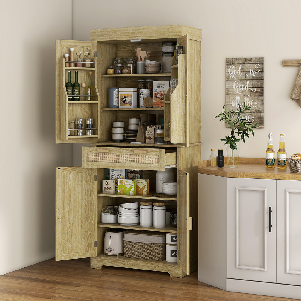 Boho Style Kitchen Sideboard with 2 Cabinets, Drawer and Spice Rack in Wood and Rattan, 76x40x183cm, Oak