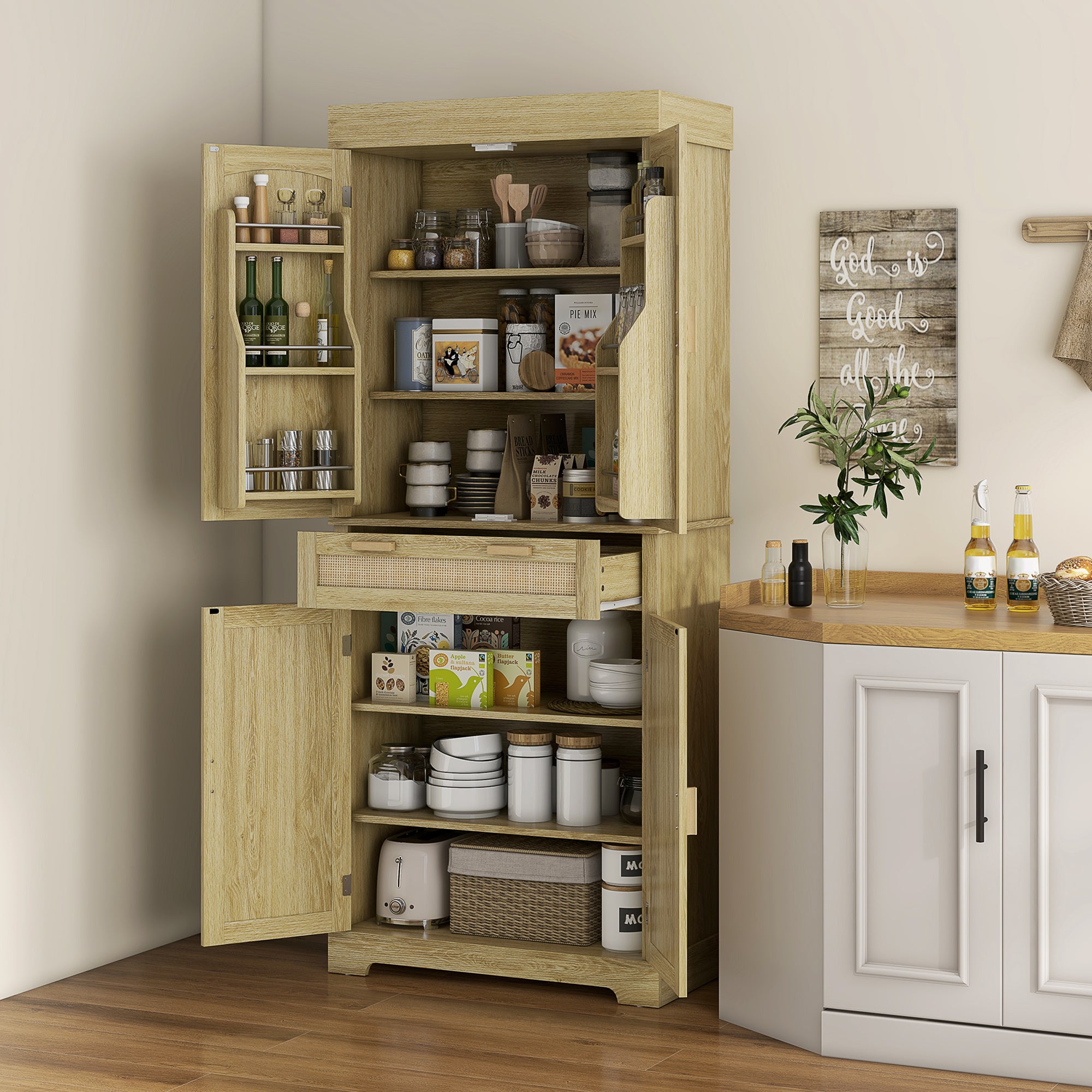 Boho Style Kitchen Sideboard with 2 Cabinets, Drawer and Spice Rack in Wood and Rattan, 76x40x183cm, Oak