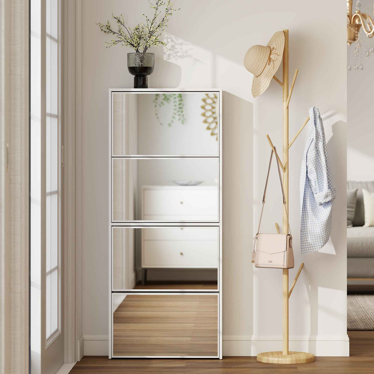 HOMCOM 4-Door Mirrored Shoe Rack, Anti-Tip, Wooden, 63x17x146 cm, White