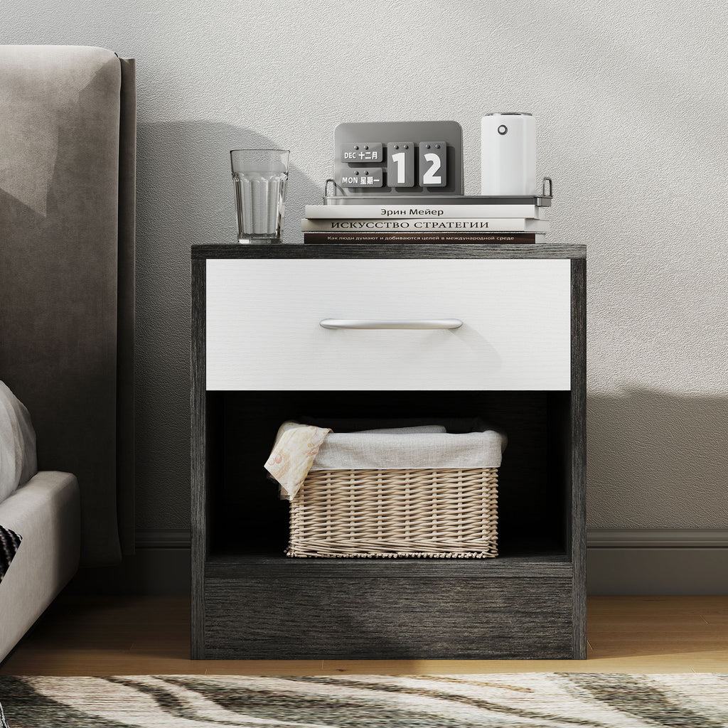 Set of 2 Modern Bedside Tables with Open Shelf and Drawer, Wooden, 39x28x41 cm, White and Dark Grey
