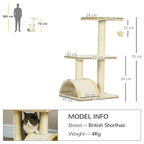 3-Tier Cat Tree with Scratching Post, Plush and Sisal, 40x35x72 cm, Cream
