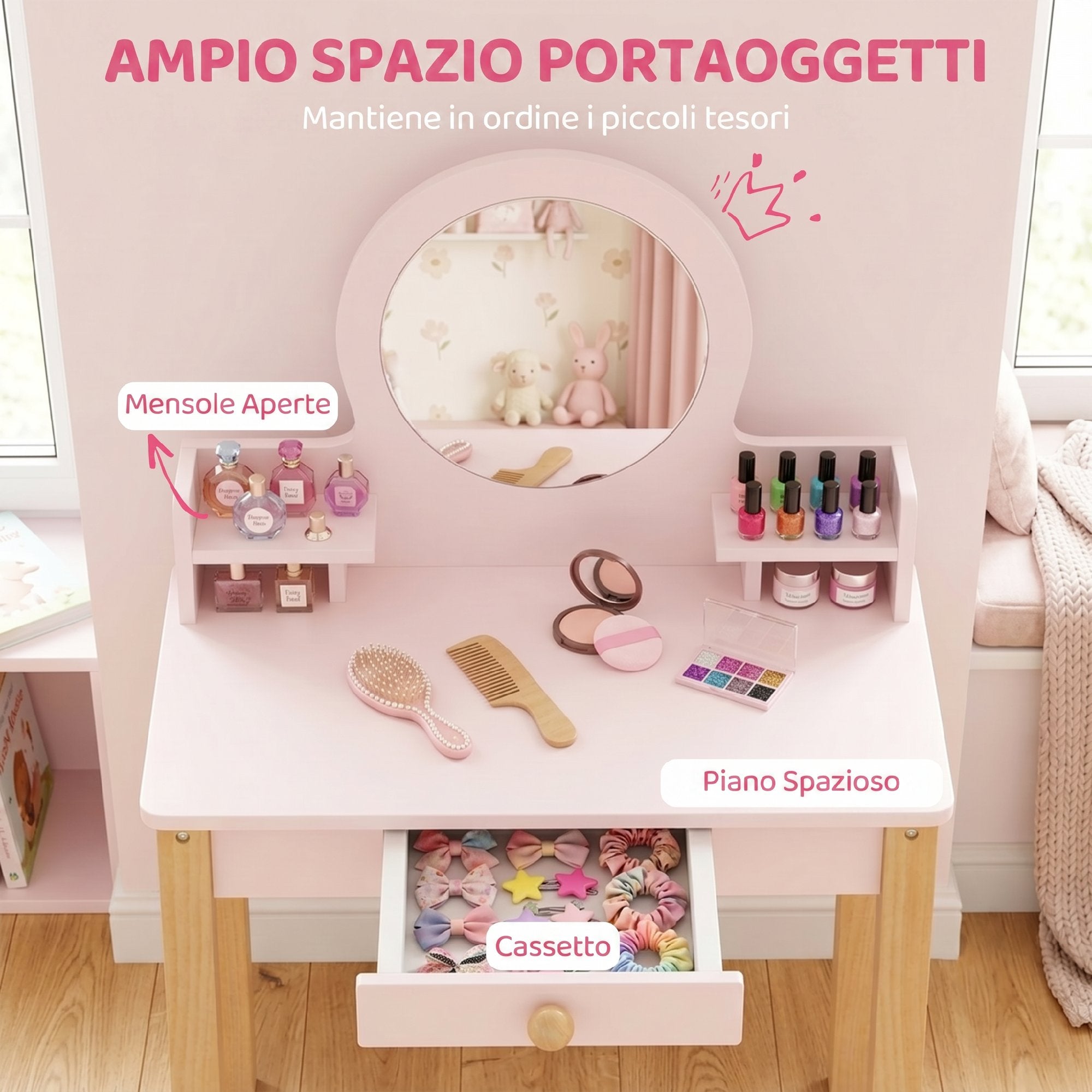 AIYAPLAY Girls' Dressing Table with Stool, Mirror, and Wooden Drawer, Ages 3-6, Pink
