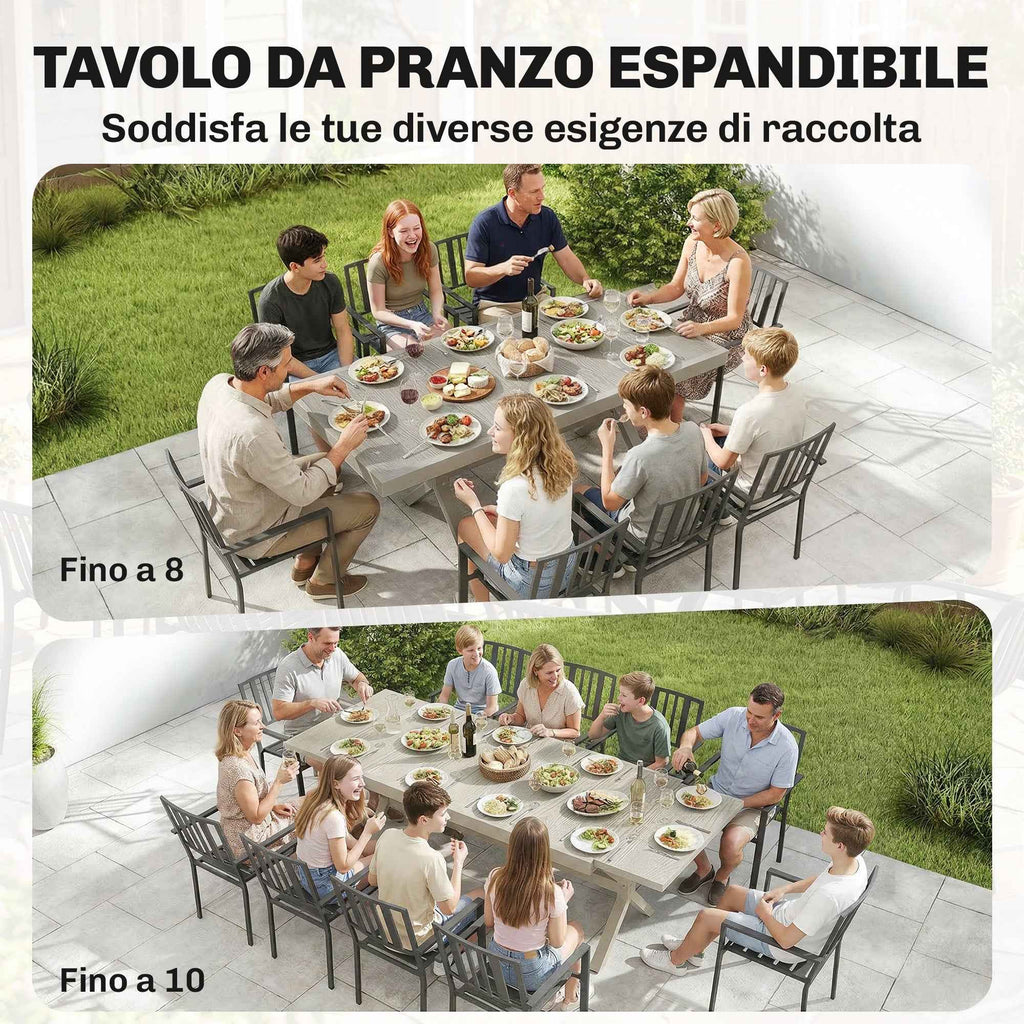 Extendable Garden Table for 8-10 People, in Aluminum and Steel, 154/214x85x73 cm, Gray