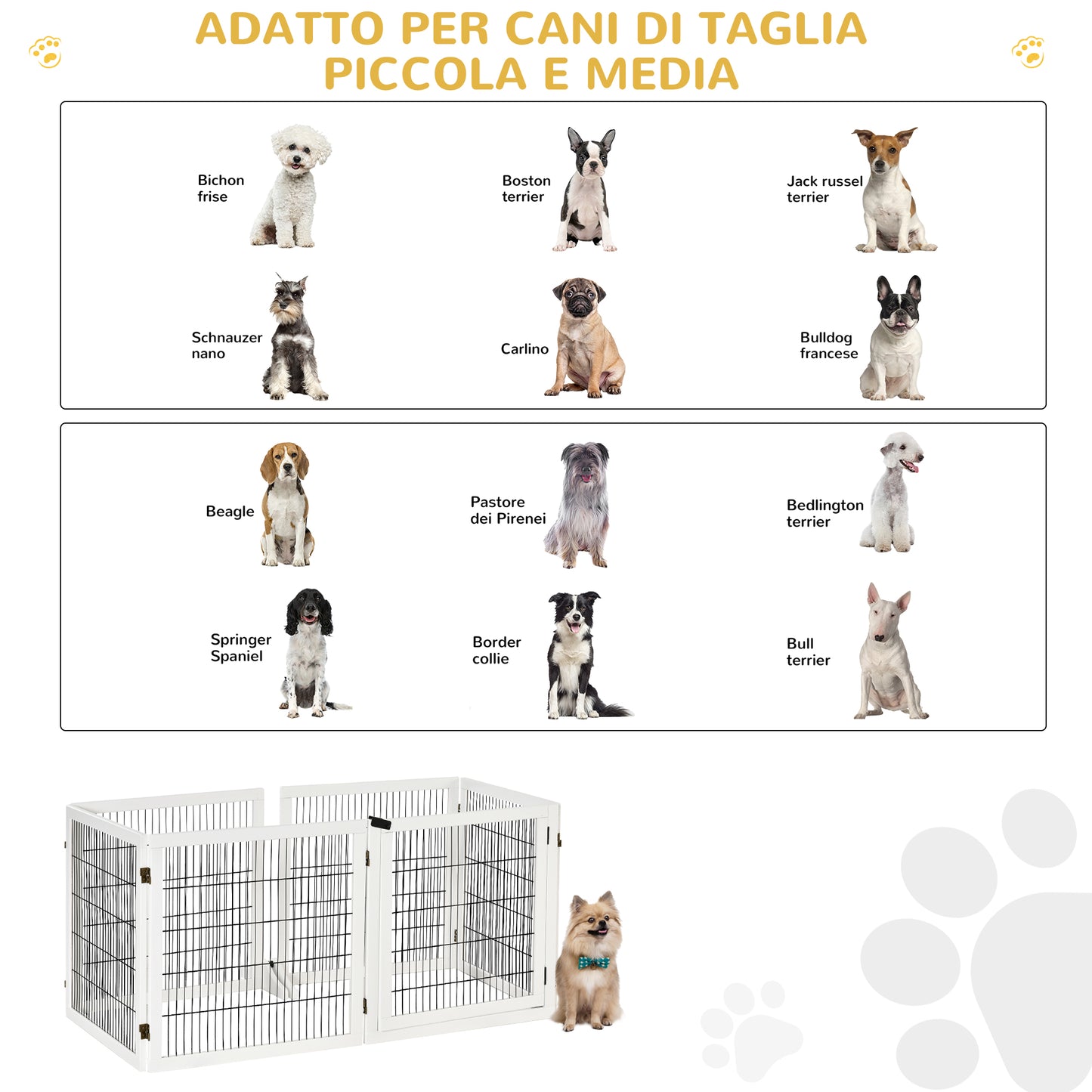 Gate for Small/Medium Size Dogs with 6 Folding Panels, in Wood and Steel, 432x36x70 cm, White