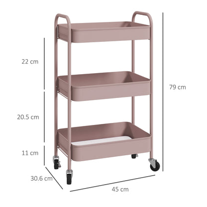 3-Tier Kitchen Cart with Handles and 4 Wheels, Steel, 45x30.6x79 cm, Pink