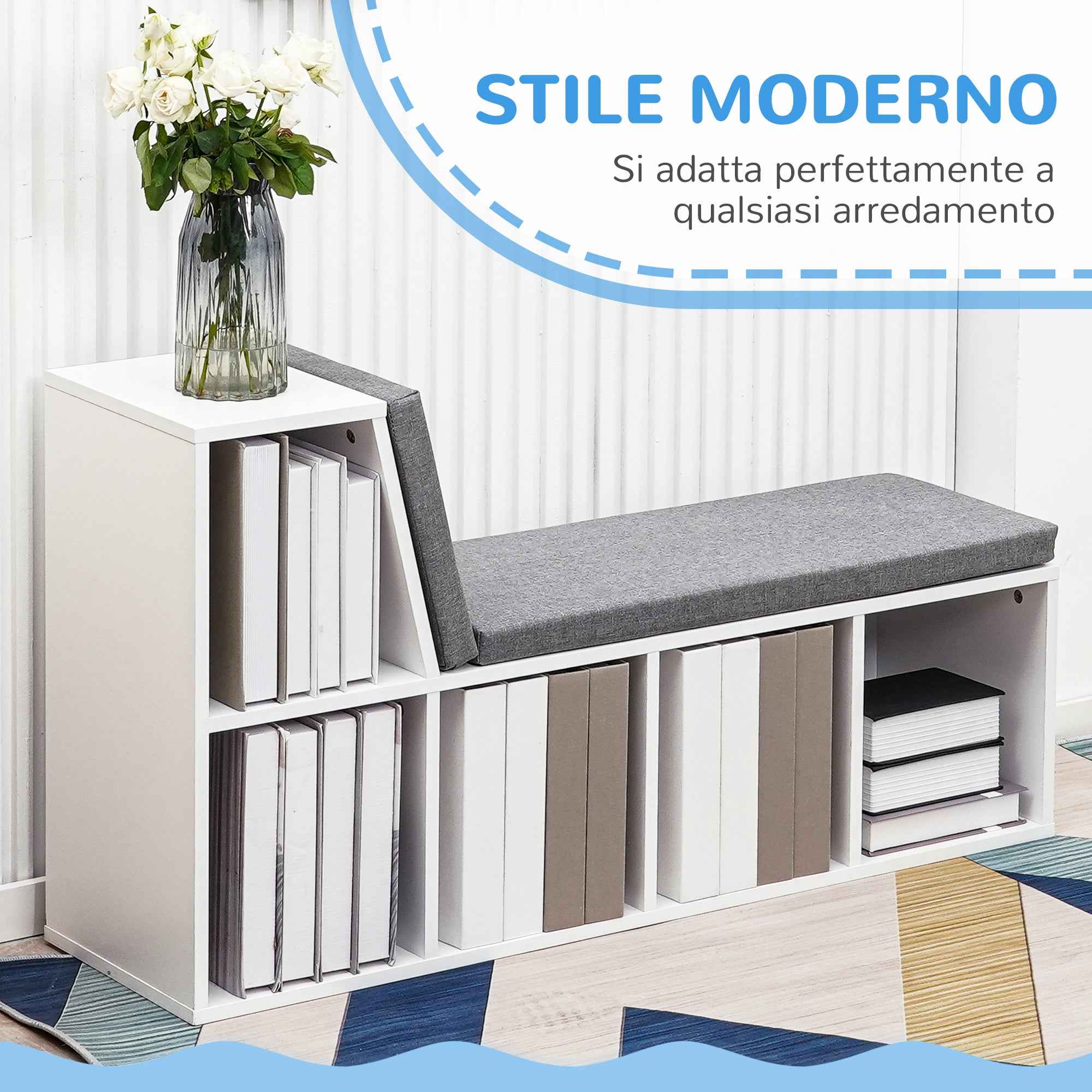 HOMCOM Modern 5-Tier Open Bookcase with 2 Cushions, Wooden, 108x30x60 cm, Grey