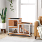 PawHut Wooden Rabbit Hutch with Wheels, Removable Trays and House with Ramp, 110x50x88 cm, Yellow and White