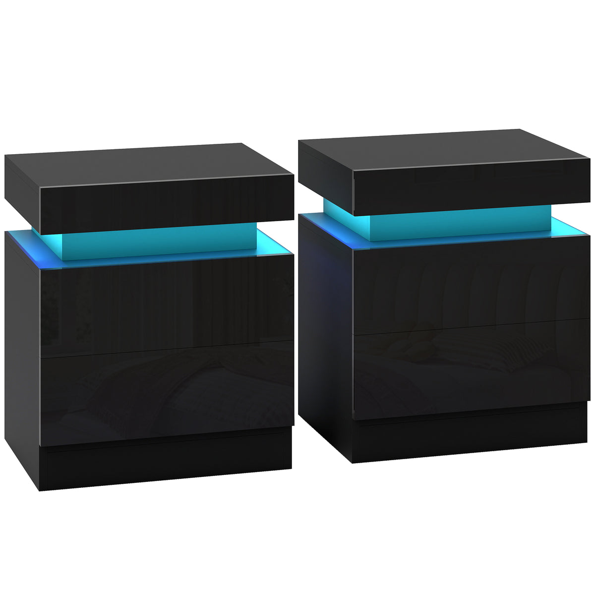 HOMCOM Set of 2 LED Nightstands with 16 Colors and 4 Modes and 2 Drawers, Wooden, 45x35x52 cm, Black