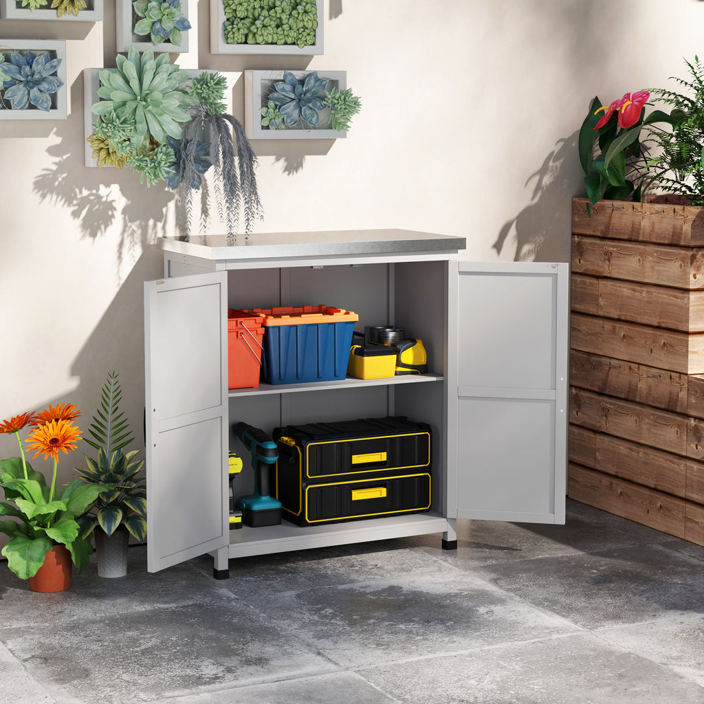 Outdoor Cabinet with Shelf and Workbench in Wood and Steel, 79x43x92 cm, Grey