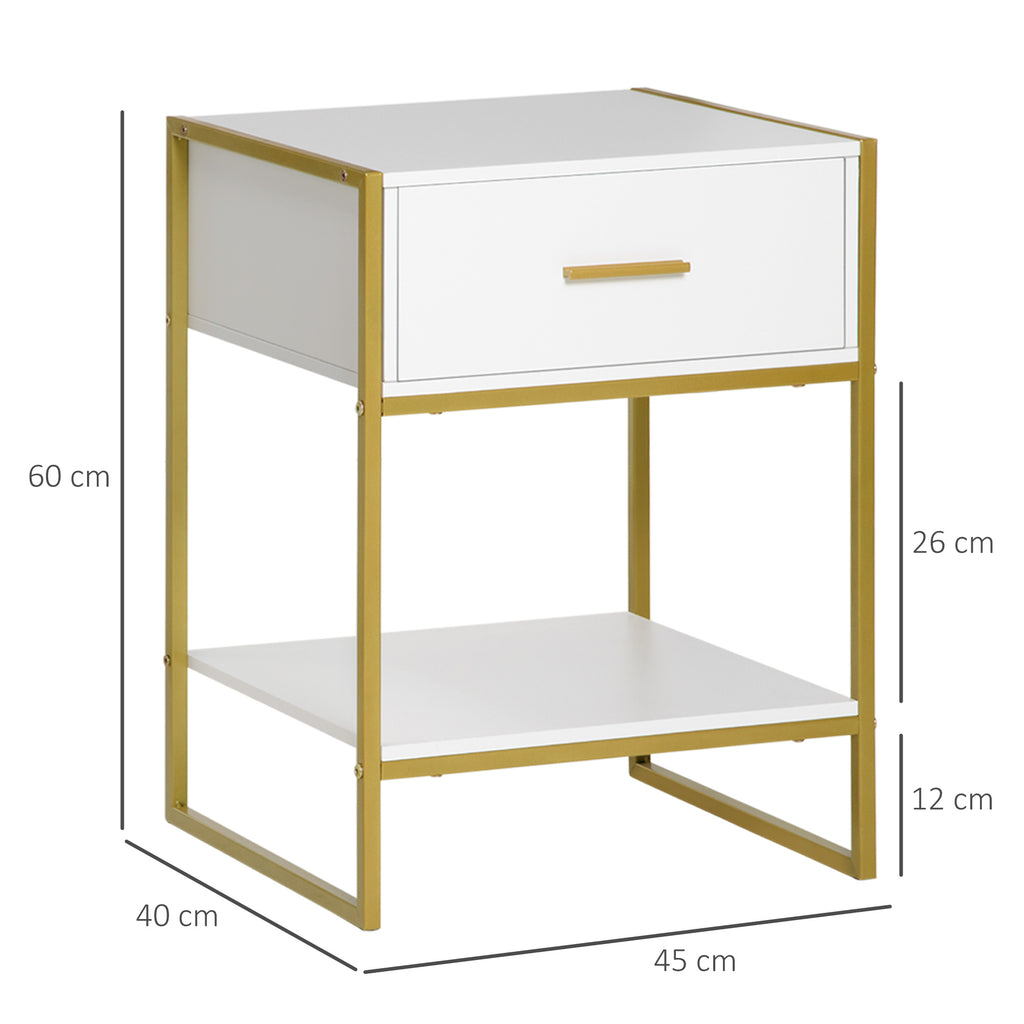HOMCOM Set of 2 Modern Bedside Tables with Drawer and Open Shelf in MDF and Steel, 45x40x60cm, White and Gold - Borgè